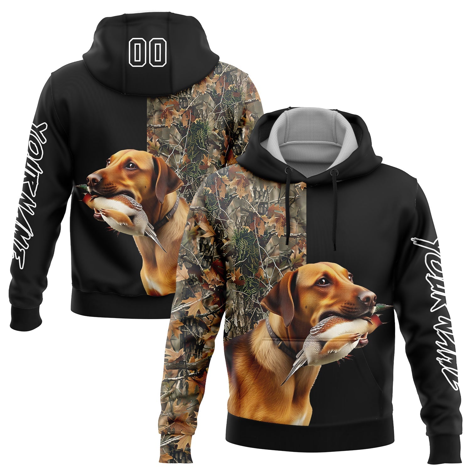Custom Black White 3D Pheasant Hunting With Dog Sports Pullover Sweatshirt Hoodie - Main View