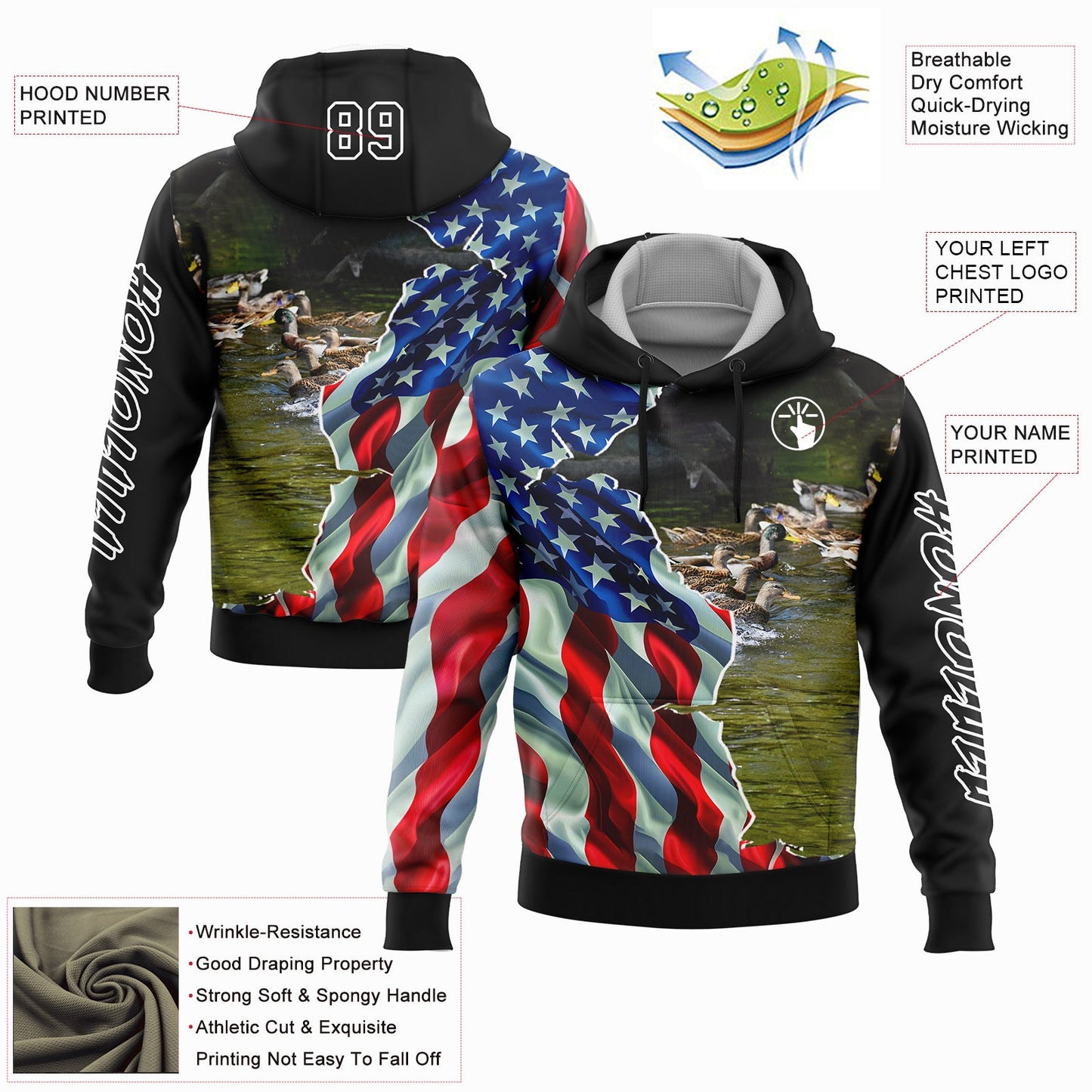 Custom Black White 3D American Flag And Duck Hunting Sports Pullover Sweatshirt Hoodie view 2