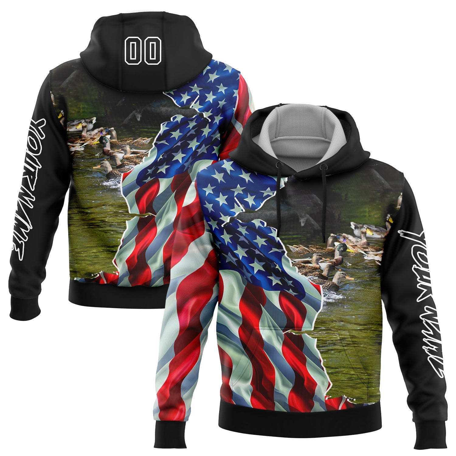 Custom Black White 3D American Flag And Duck Hunting Sports Pullover Sweatshirt Hoodie - Main View