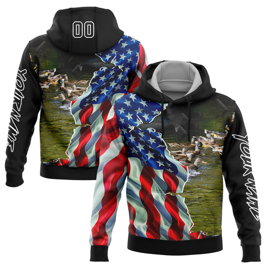 Custom Black White 3D American Flag And Duck Hunting Sports Pullover Sweatshirt Hoodie - Main View