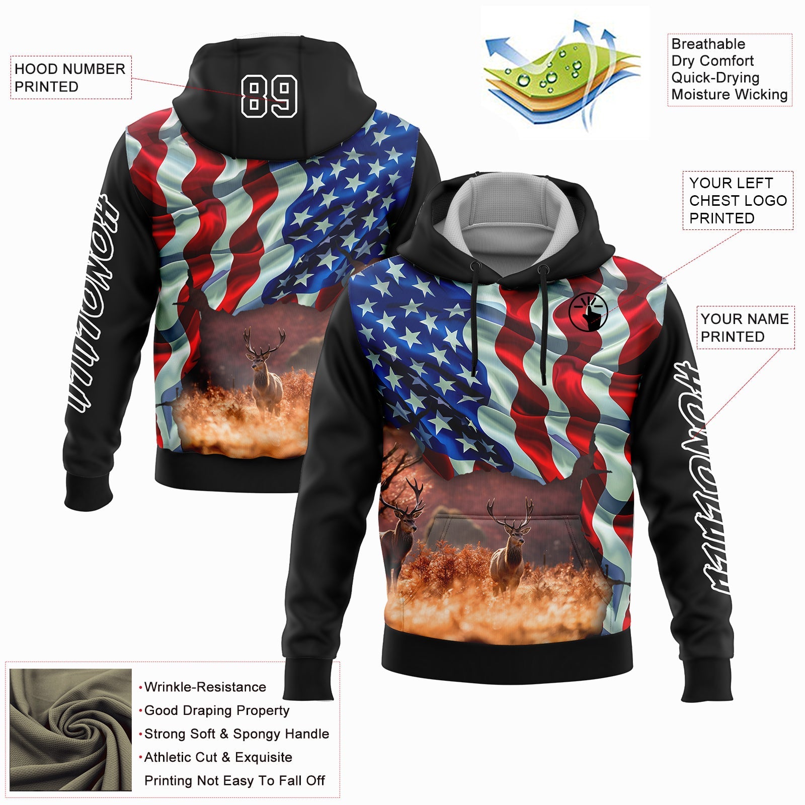 Custom Black White 3D American Flag And Deer Hunting Sports Pullover Sweatshirt Hoodie view 2
