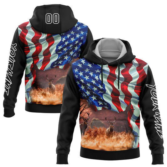 Custom Black White 3D American Flag And Deer Hunting Sports Pullover Sweatshirt Hoodie - Main View