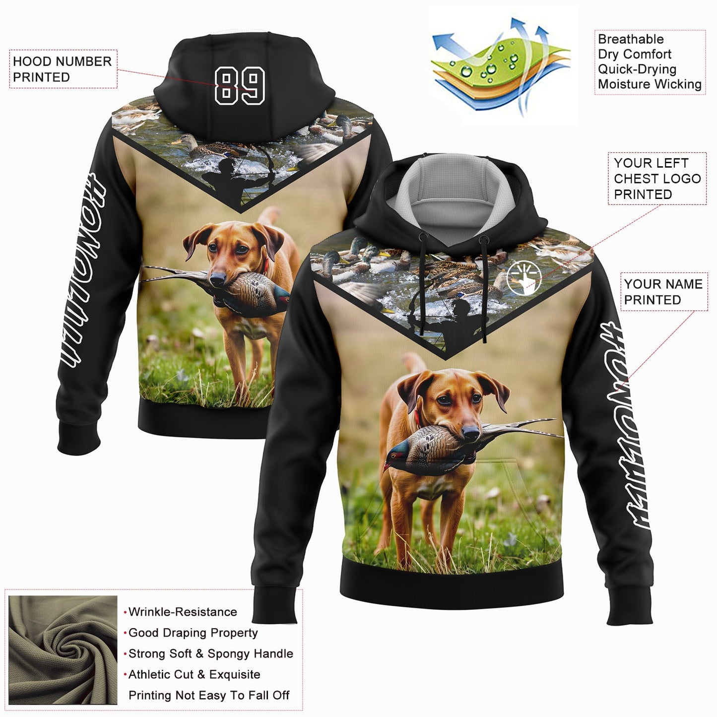 Custom Black White 3D Bow Hunter And Pheasant Hunting With Dog Sports Pullover Sweatshirt Hoodie view 2