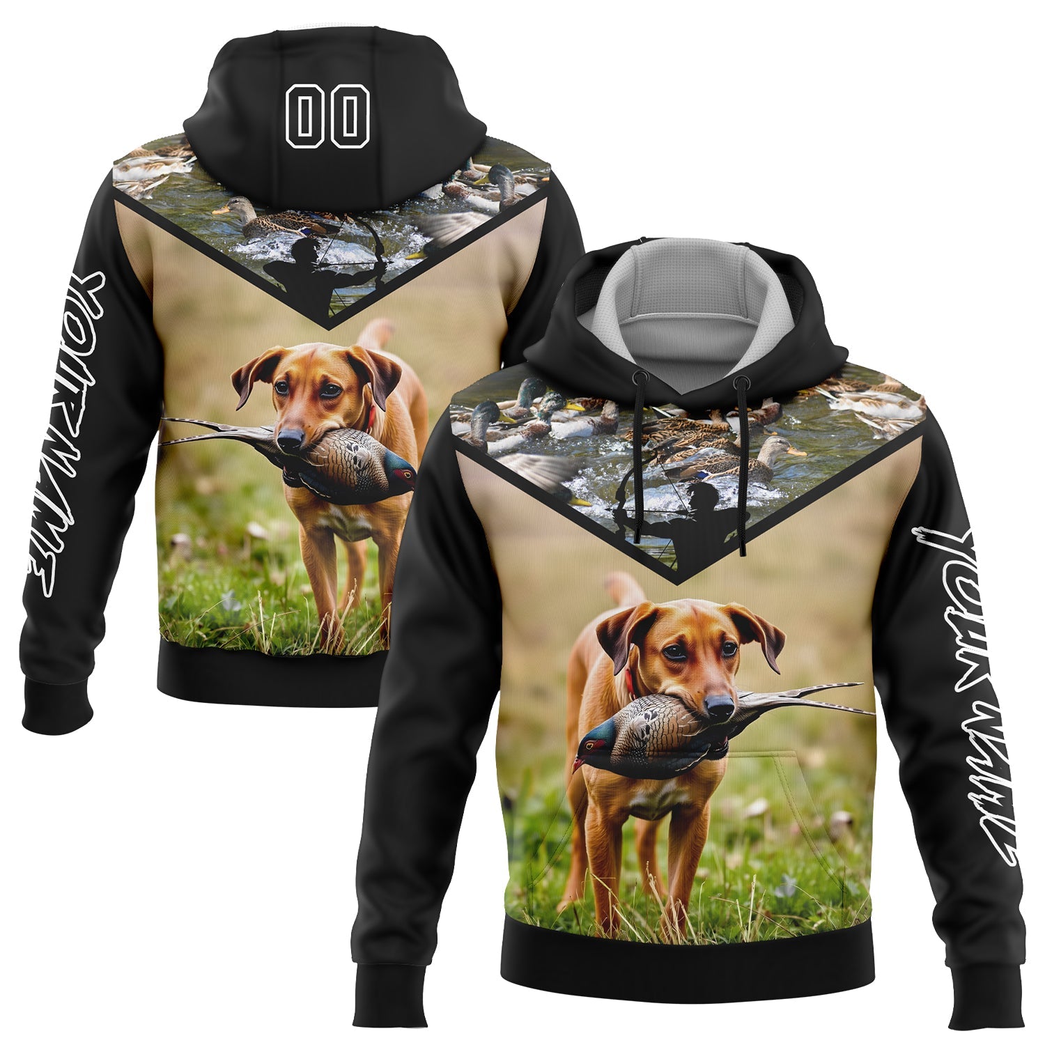 Custom Black White 3D Bow Hunter And Pheasant Hunting With Dog Sports Pullover Sweatshirt Hoodie - Main View