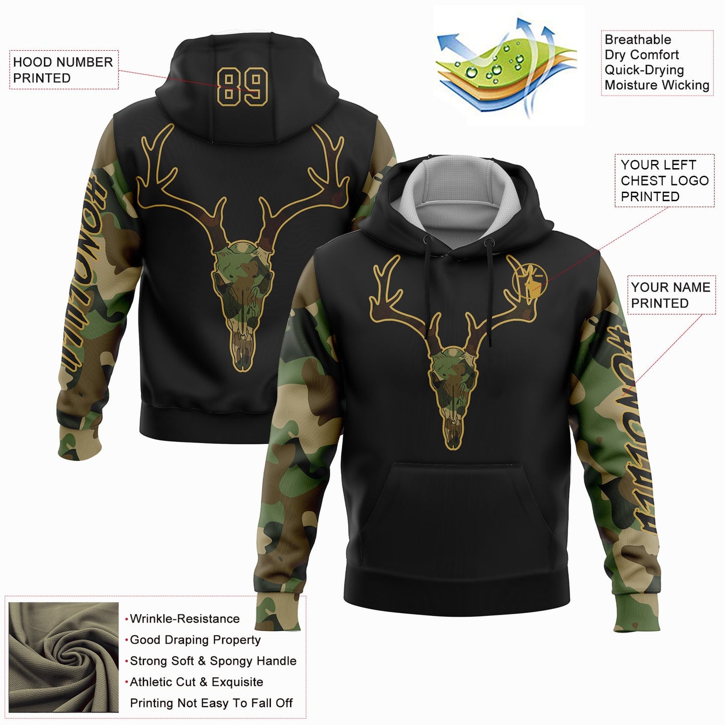 Custom Black Cmao-Old Gold 3D Deer Hunting Sports Pullover Sweatshirt Hoodie view 2