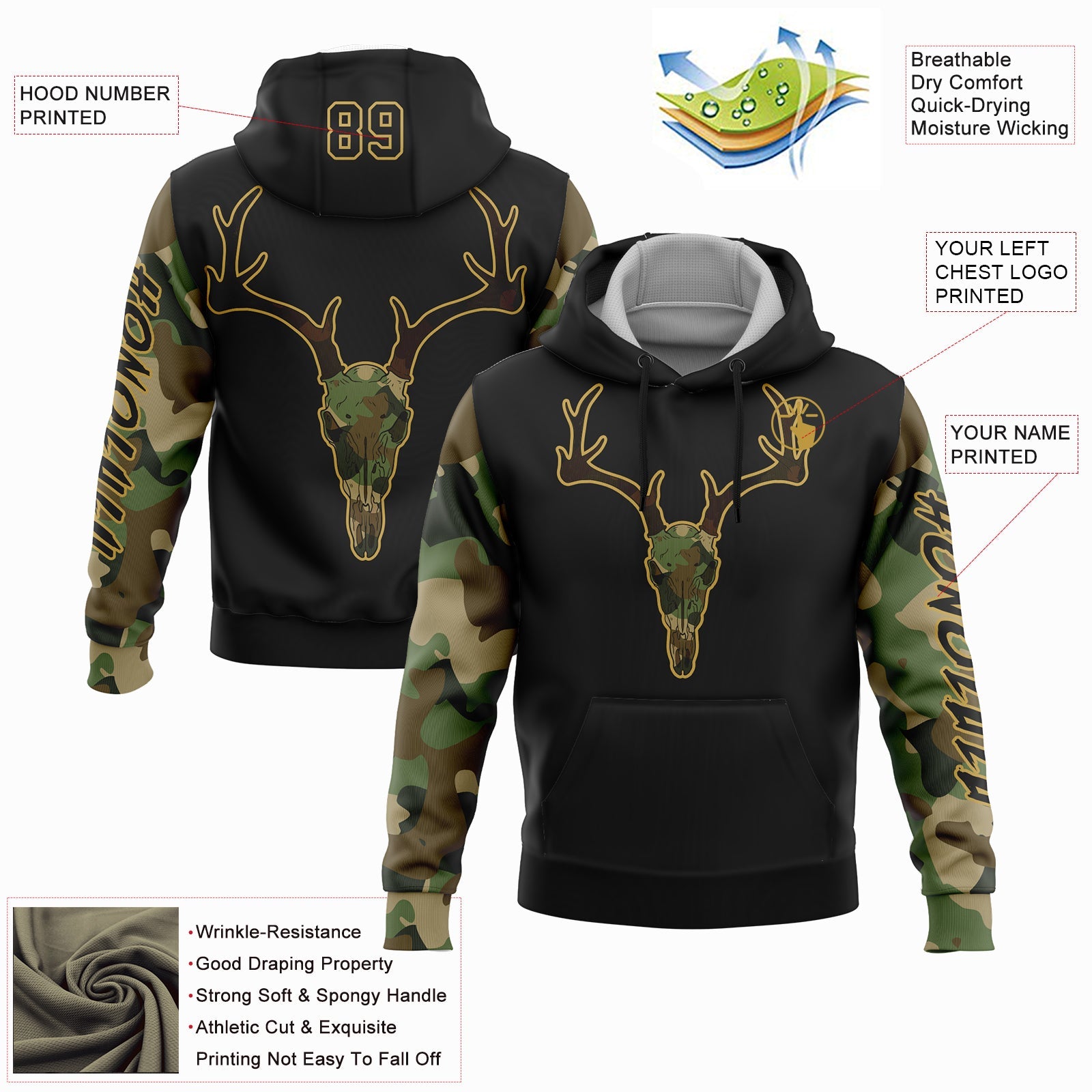 Custom Black Cmao-Old Gold 3D Deer Hunting Sports Pullover Sweatshirt Hoodie view 2