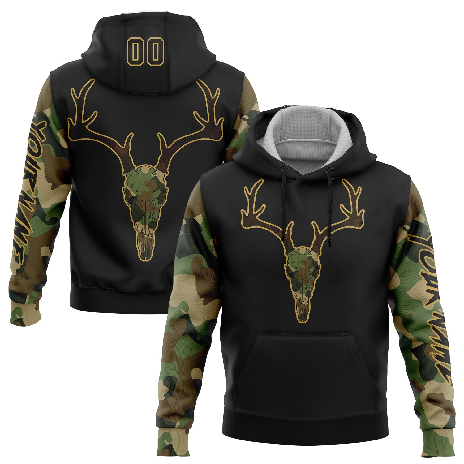 Custom Black Cmao-Old Gold 3D Deer Hunting Sports Pullover Sweatshirt Hoodie - Main View