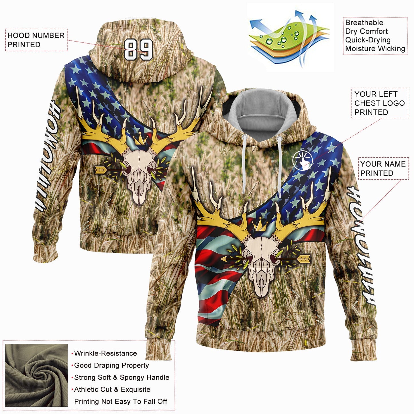 Custom City Cream White-Black 3D American Flag And Deer Skull Hunting Sports Pullover Sweatshirt Hoodie view 2
