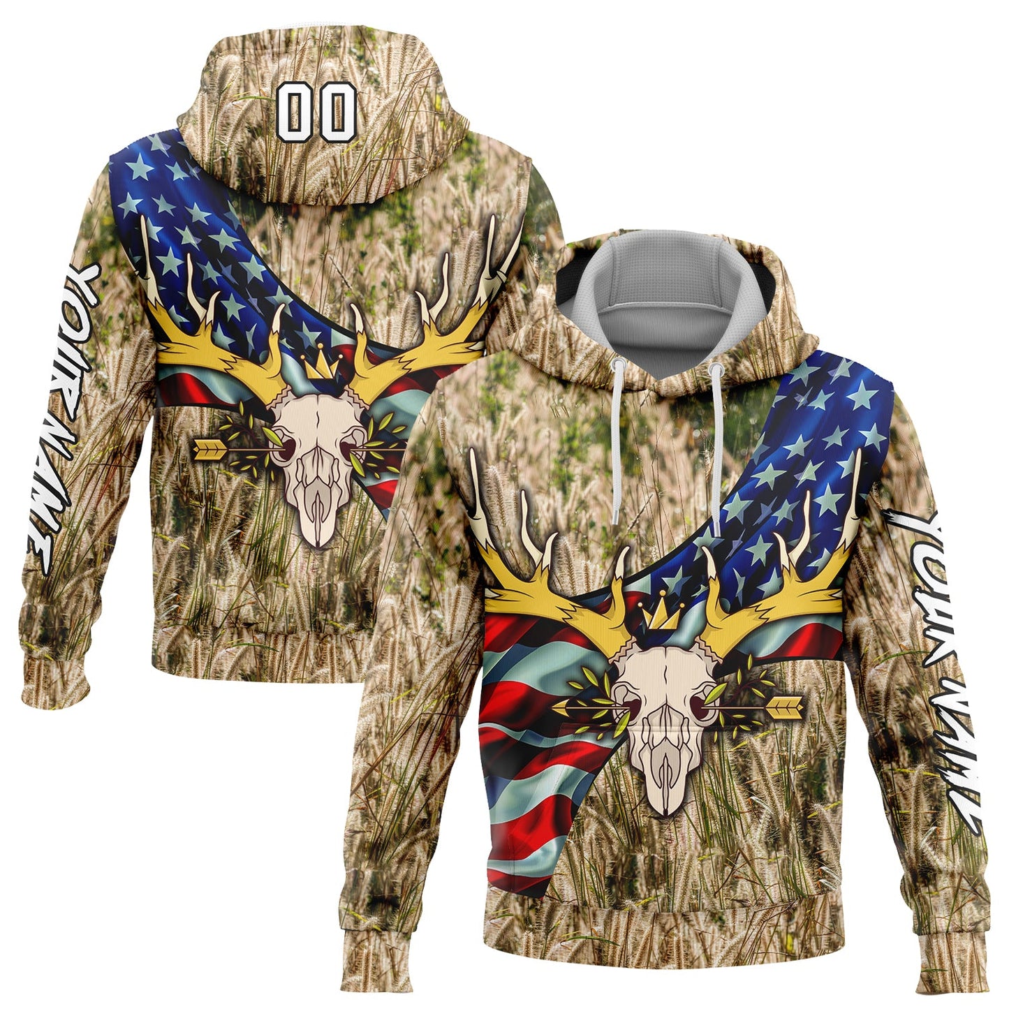 Custom City Cream White-Black 3D American Flag And Deer Skull Hunting Sports Pullover Sweatshirt Hoodie - Main View