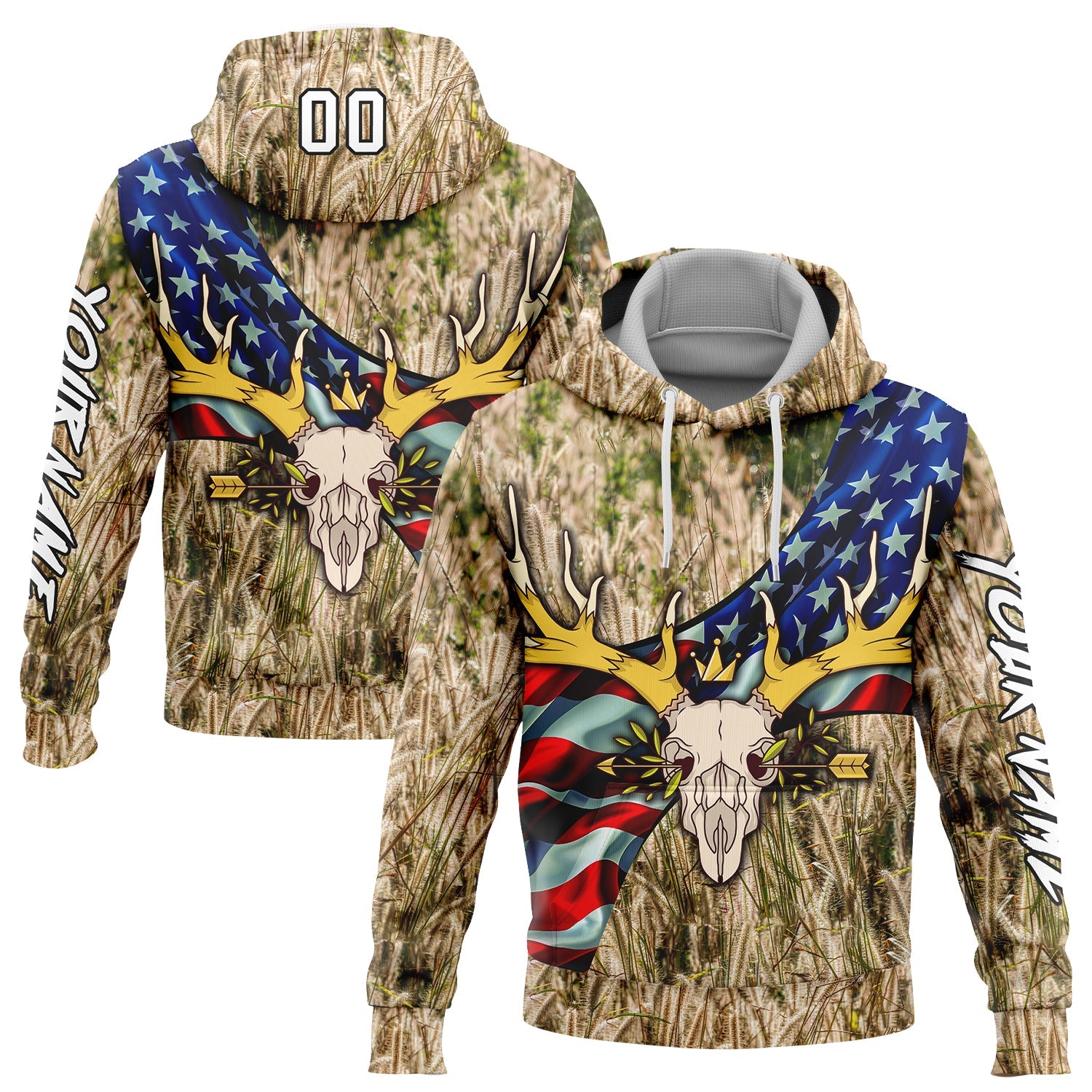 Custom City Cream White-Black 3D American Flag And Deer Skull Hunting Sports Pullover Sweatshirt Hoodie - Main View