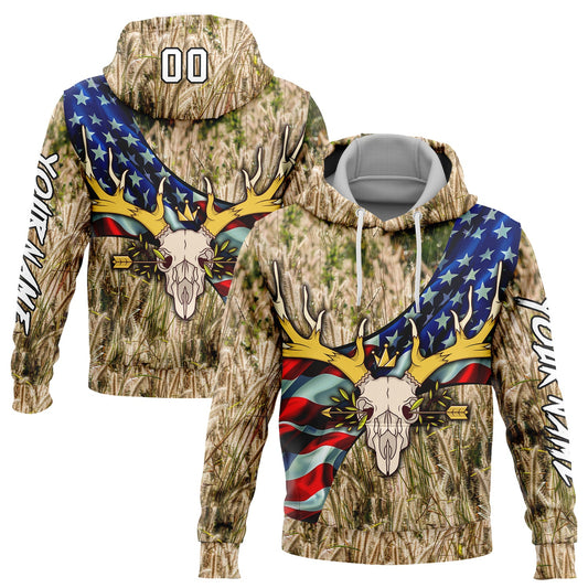 Custom City Cream White-Black 3D American Flag And Deer Skull Hunting Sports Pullover Sweatshirt Hoodie - Main View