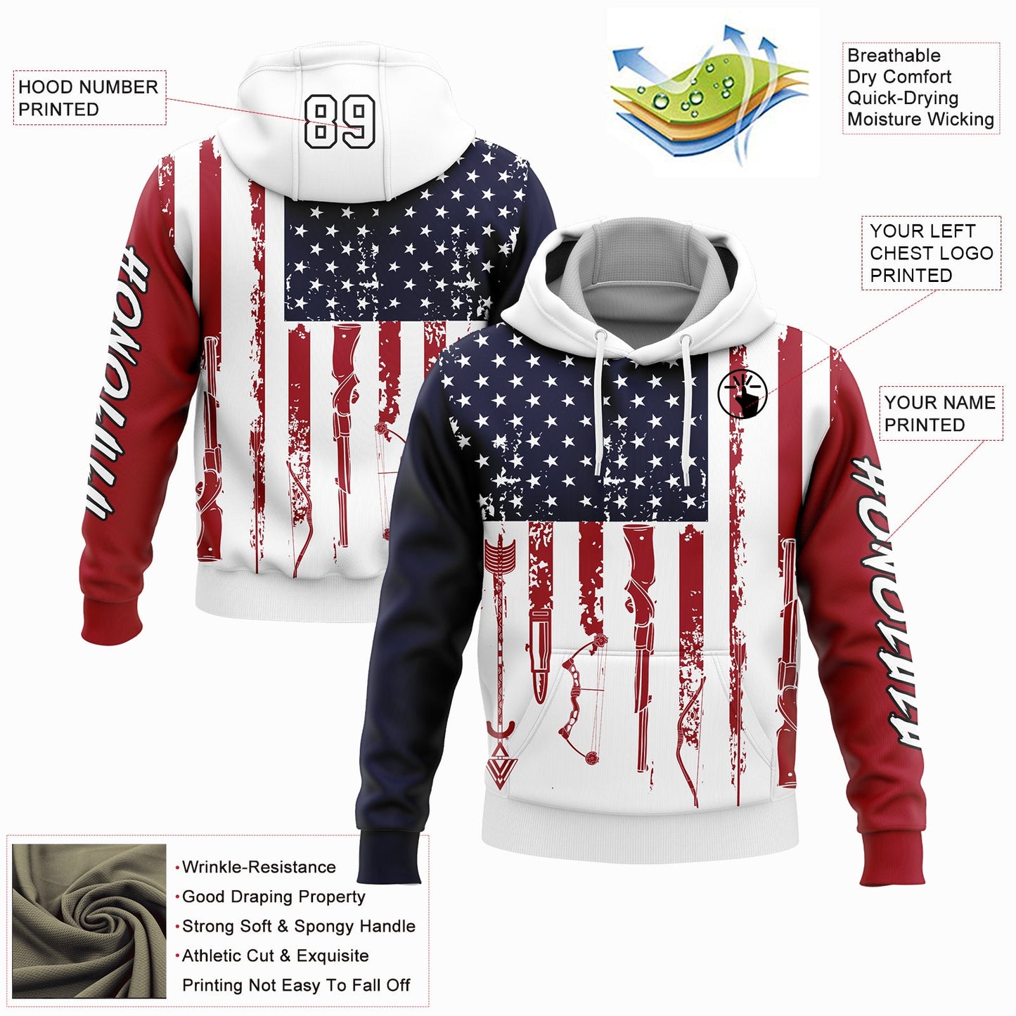 Custom Navy Red-Black 3D American Flag And Hunting Tools Sports Pullover Sweatshirt Hoodie view 2