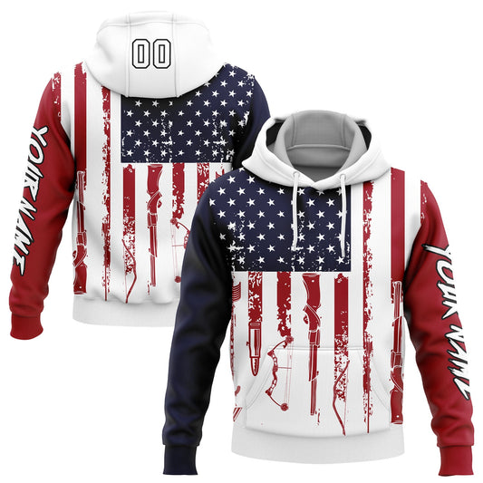 Custom Navy Red-Black 3D American Flag And Hunting Tools Sports Pullover Sweatshirt Hoodie - Main View