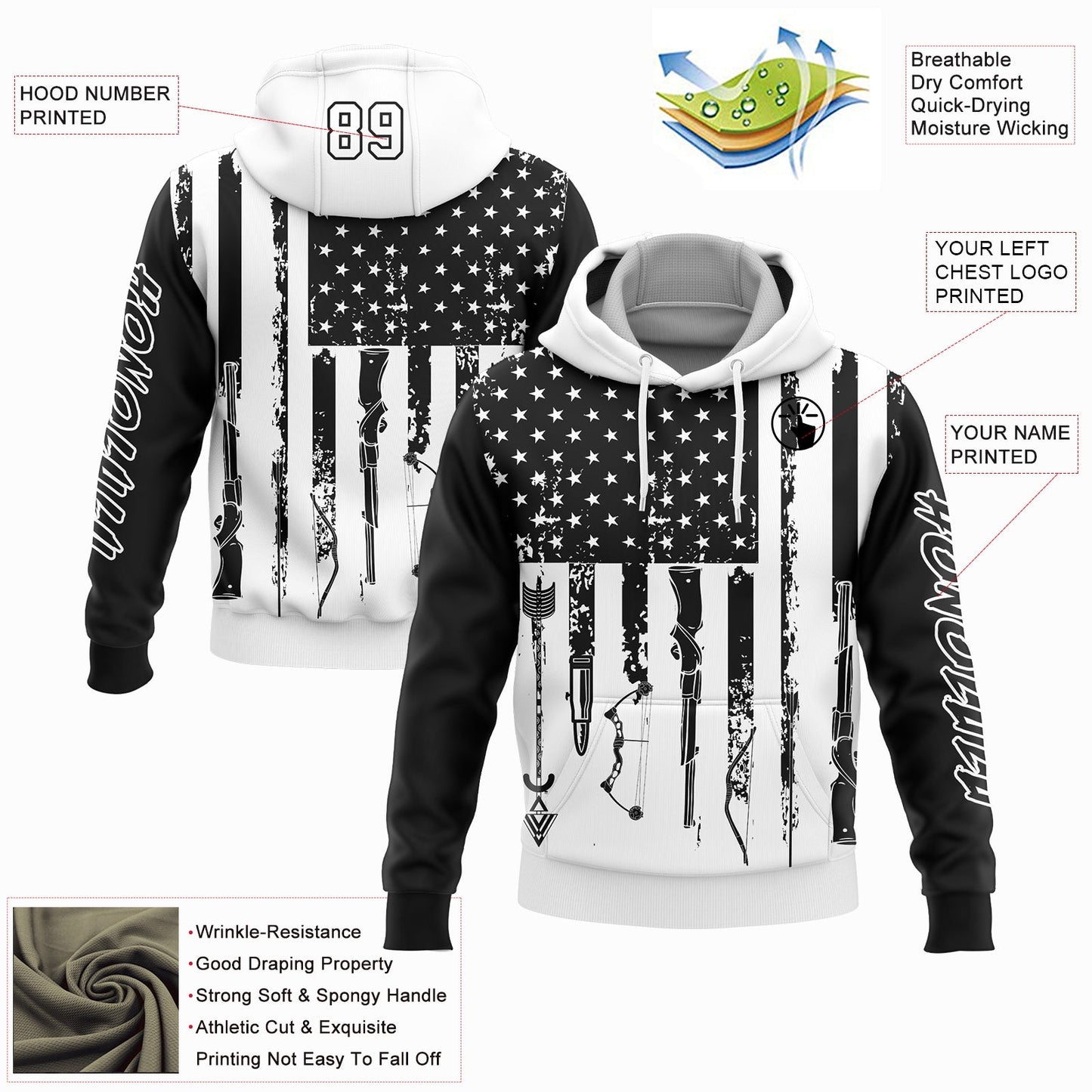 Custom Black White 3D American Flag And Hunting Tools Sports Pullover Sweatshirt Hoodie view 2