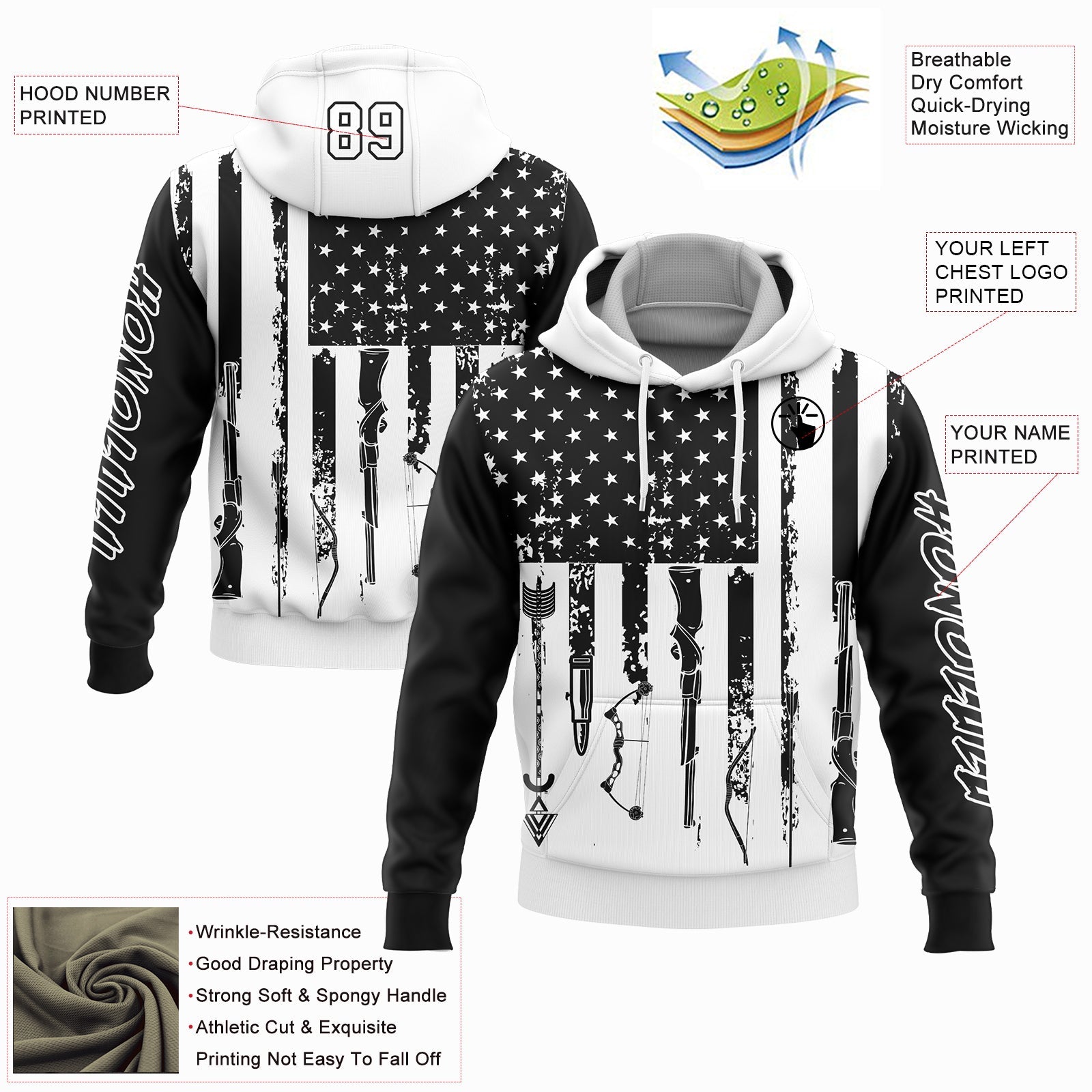 Custom Black White 3D American Flag And Hunting Tools Sports Pullover Sweatshirt Hoodie view 2