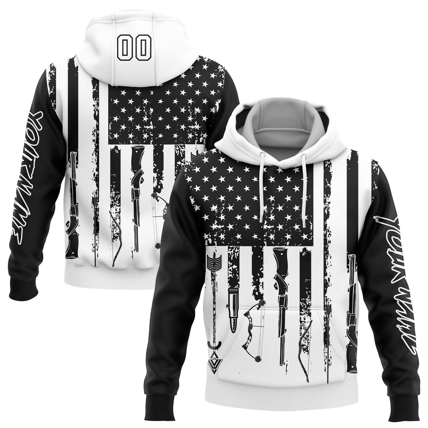 Custom Black White 3D American Flag And Hunting Tools Sports Pullover Sweatshirt Hoodie - Main View