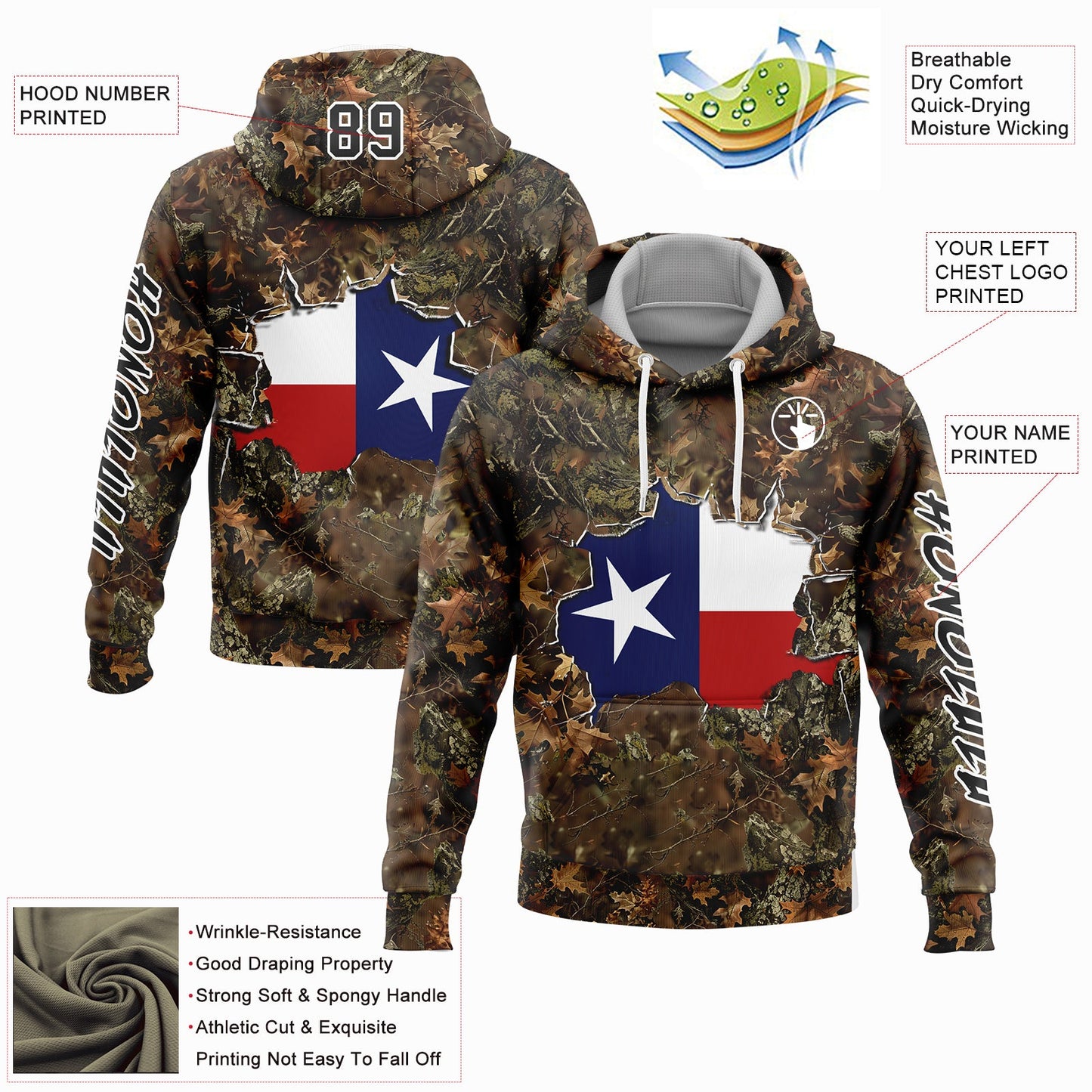 Custom Camo Black-White 3D Texas Flag And Hunting Sports Pullover Sweatshirt Hoodie view 2