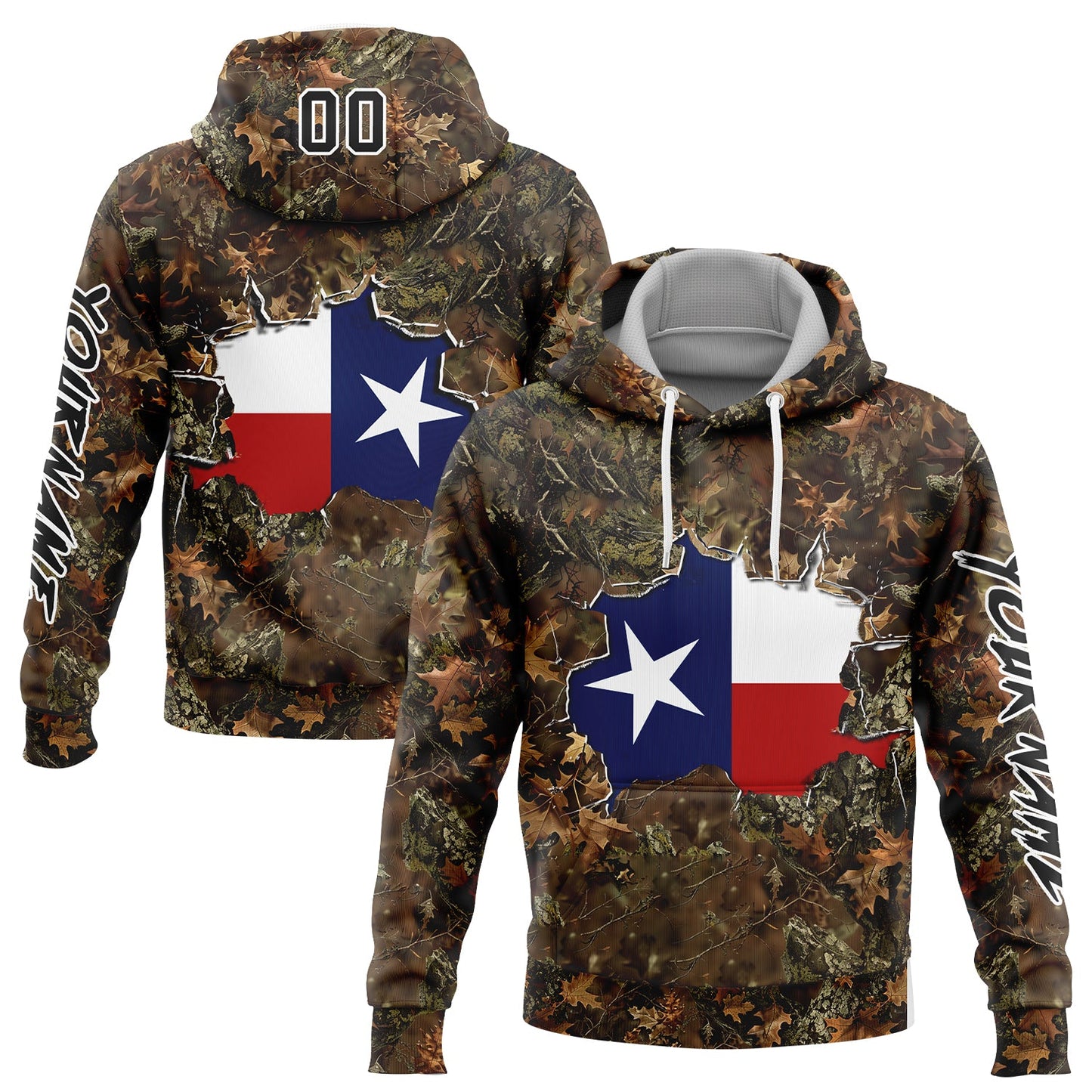 Custom Camo Black-White 3D Texas Flag And Hunting Sports Pullover Sweatshirt Hoodie - Main View