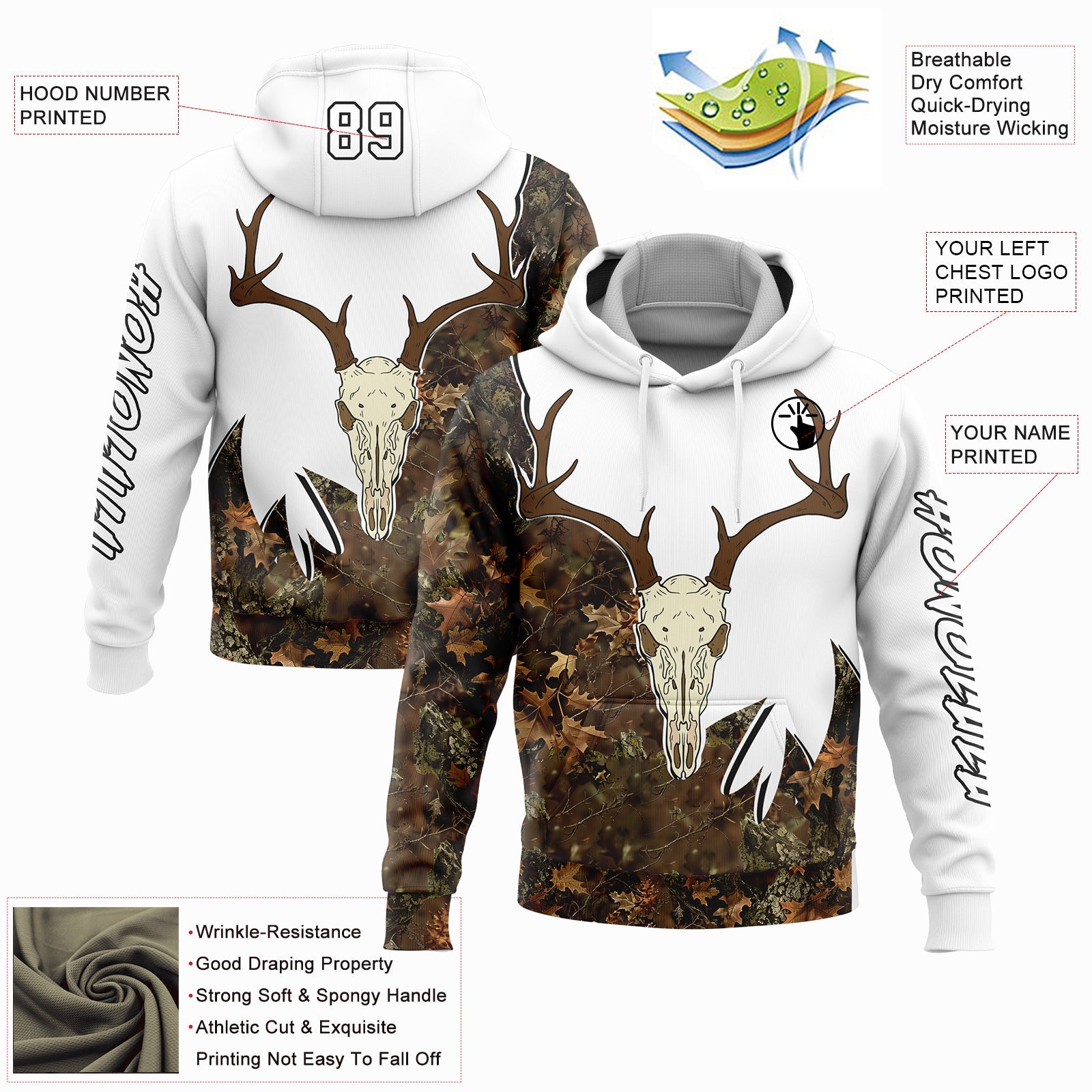 Custom White Black-Camo 3D Deer Skull Hunting Sports Pullover Sweatshirt Hoodie view 2