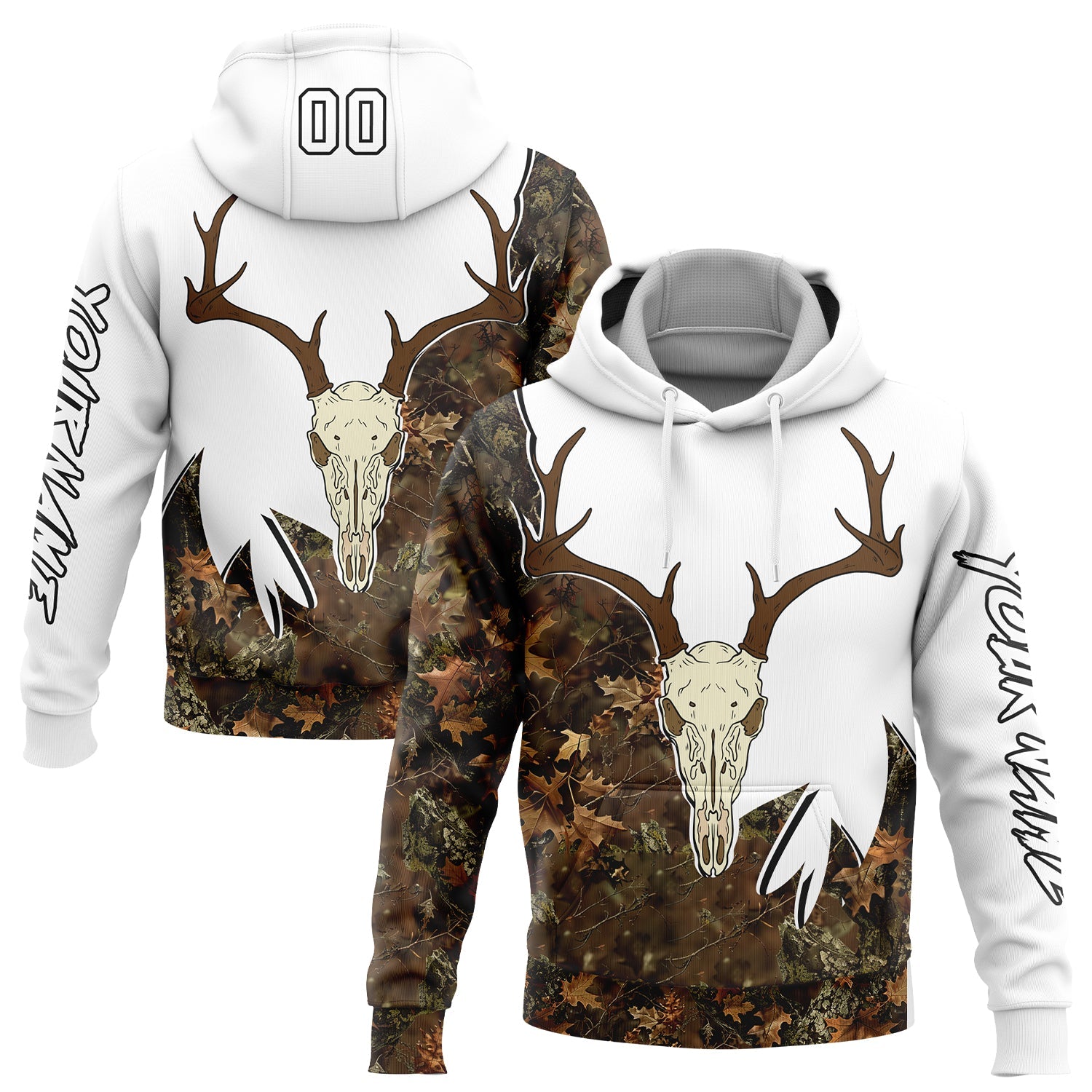 Custom White Black-Camo 3D Deer Skull Hunting Sports Pullover Sweatshirt Hoodie - Main View