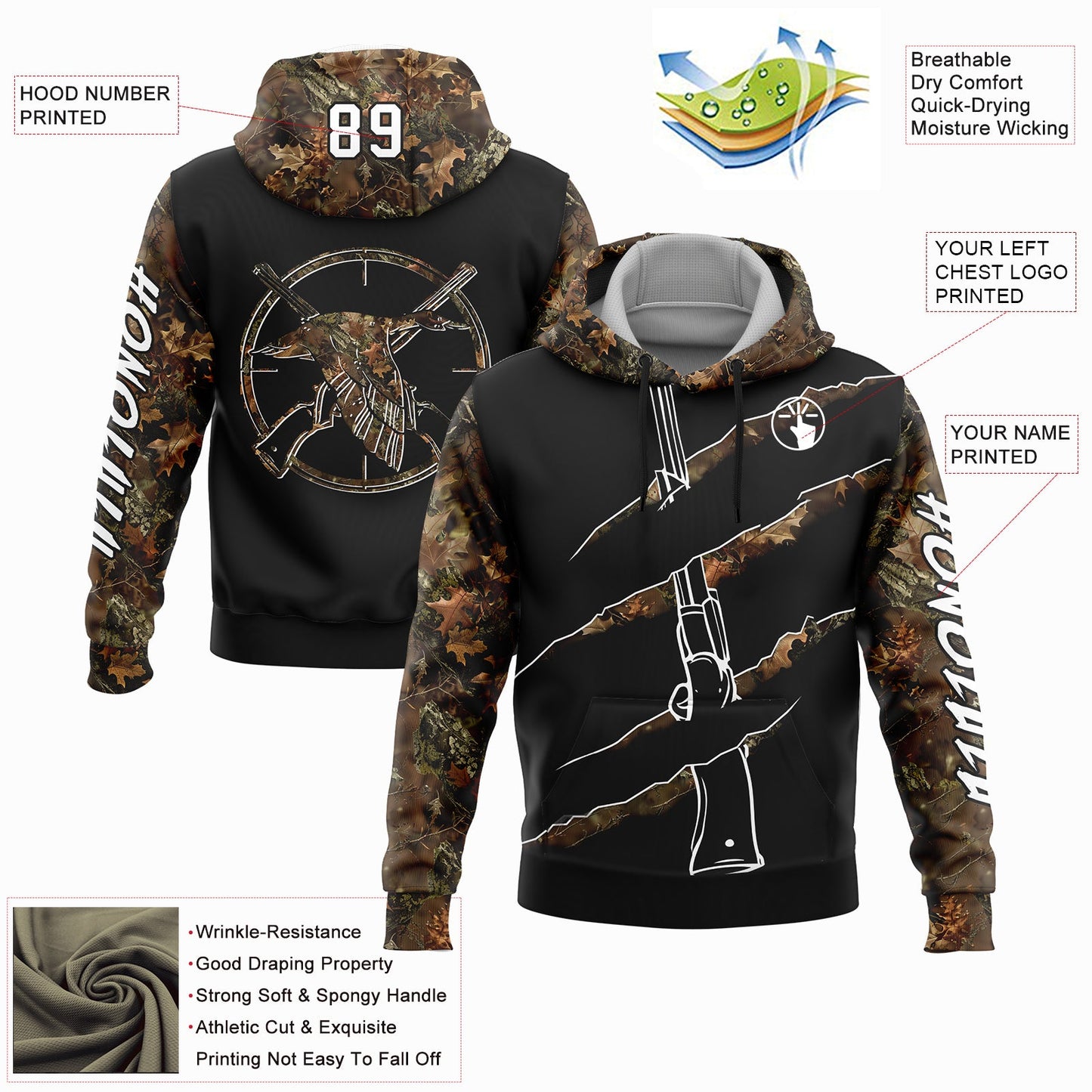 Custom Black White-Camo 3D Duck Gun Hunting Sports Pullover Sweatshirt Hoodie view 3