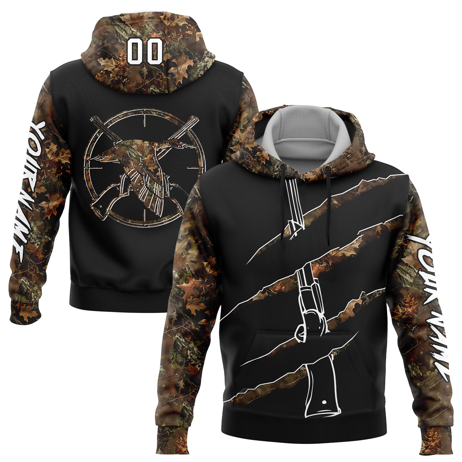 Custom Black White-Camo 3D Duck Gun Hunting Sports Pullover Sweatshirt Hoodie - Main View