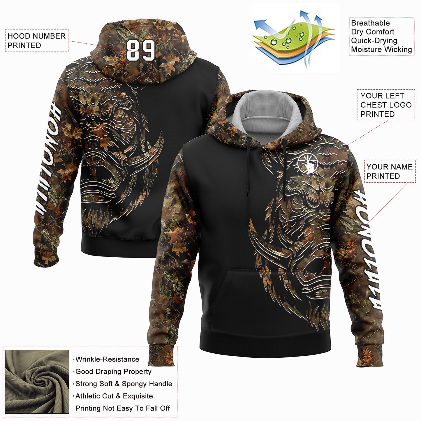 Custom Camo White-Black 3D Wild Boar Hunting Sports Pullover Sweatshirt Hoodie view 2