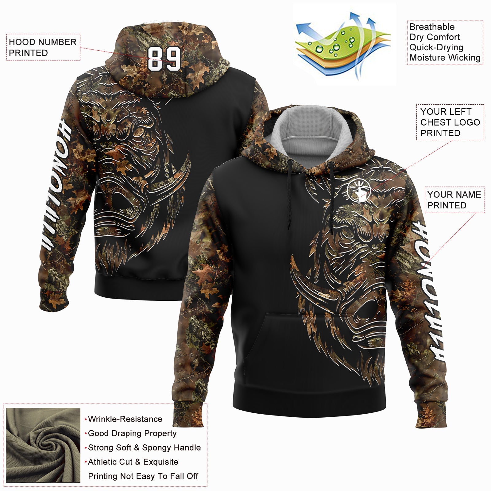 Custom Camo White-Black 3D Wild Boar Hunting Sports Pullover Sweatshirt Hoodie view 2
