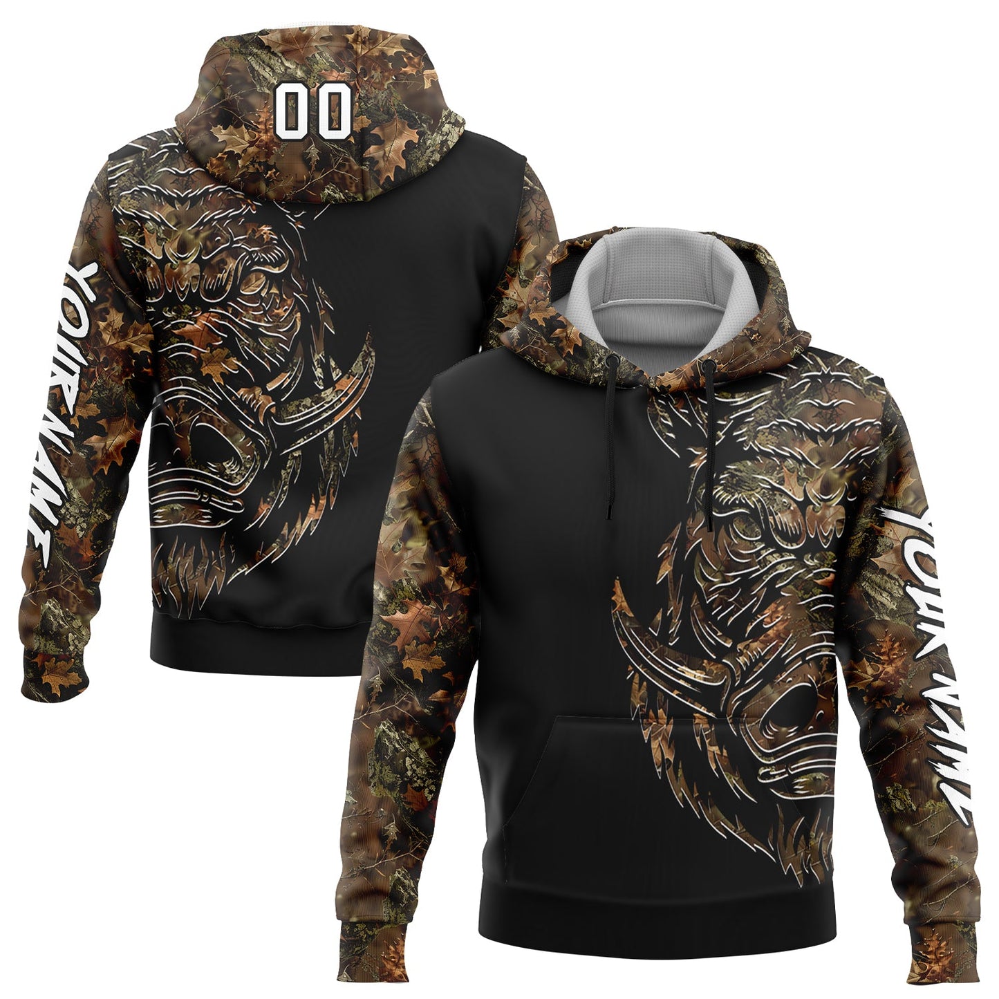 Custom Camo White-Black 3D Wild Boar Hunting Sports Pullover Sweatshirt Hoodie - Main View