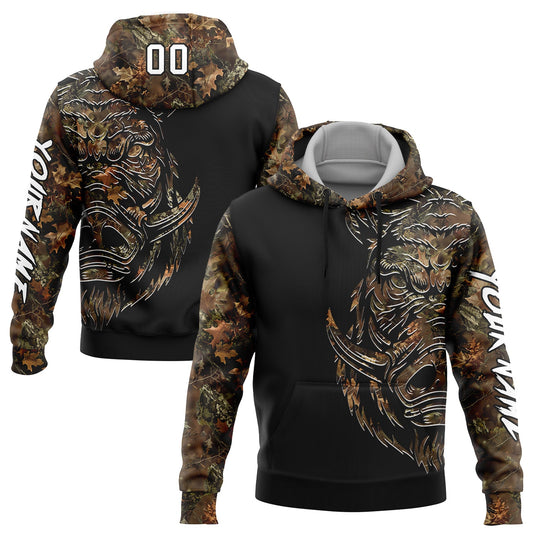 Custom Camo White-Black 3D Wild Boar Hunting Sports Pullover Sweatshirt Hoodie - Main View