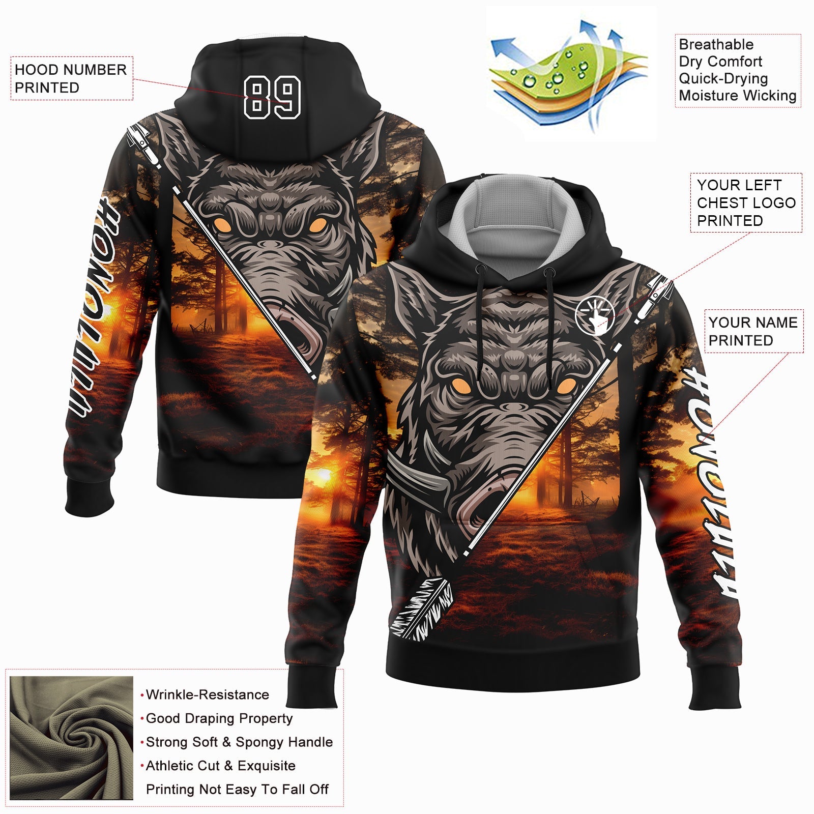 Custom Black White 3D Wild Boar Arrow Hunting Sports Pullover Sweatshirt Hoodie view 2