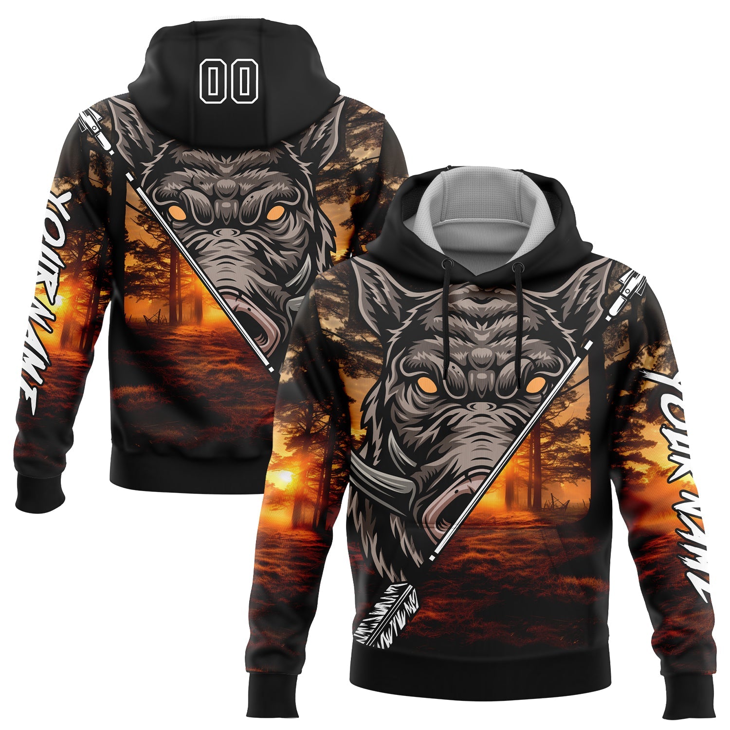 Custom Black White 3D Wild Boar Arrow Hunting Sports Pullover Sweatshirt Hoodie - Main View