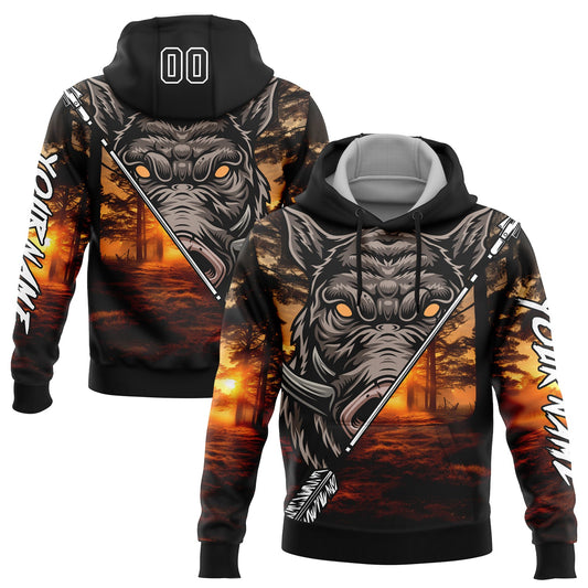 Custom Black White 3D Wild Boar Arrow Hunting Sports Pullover Sweatshirt Hoodie - Main View