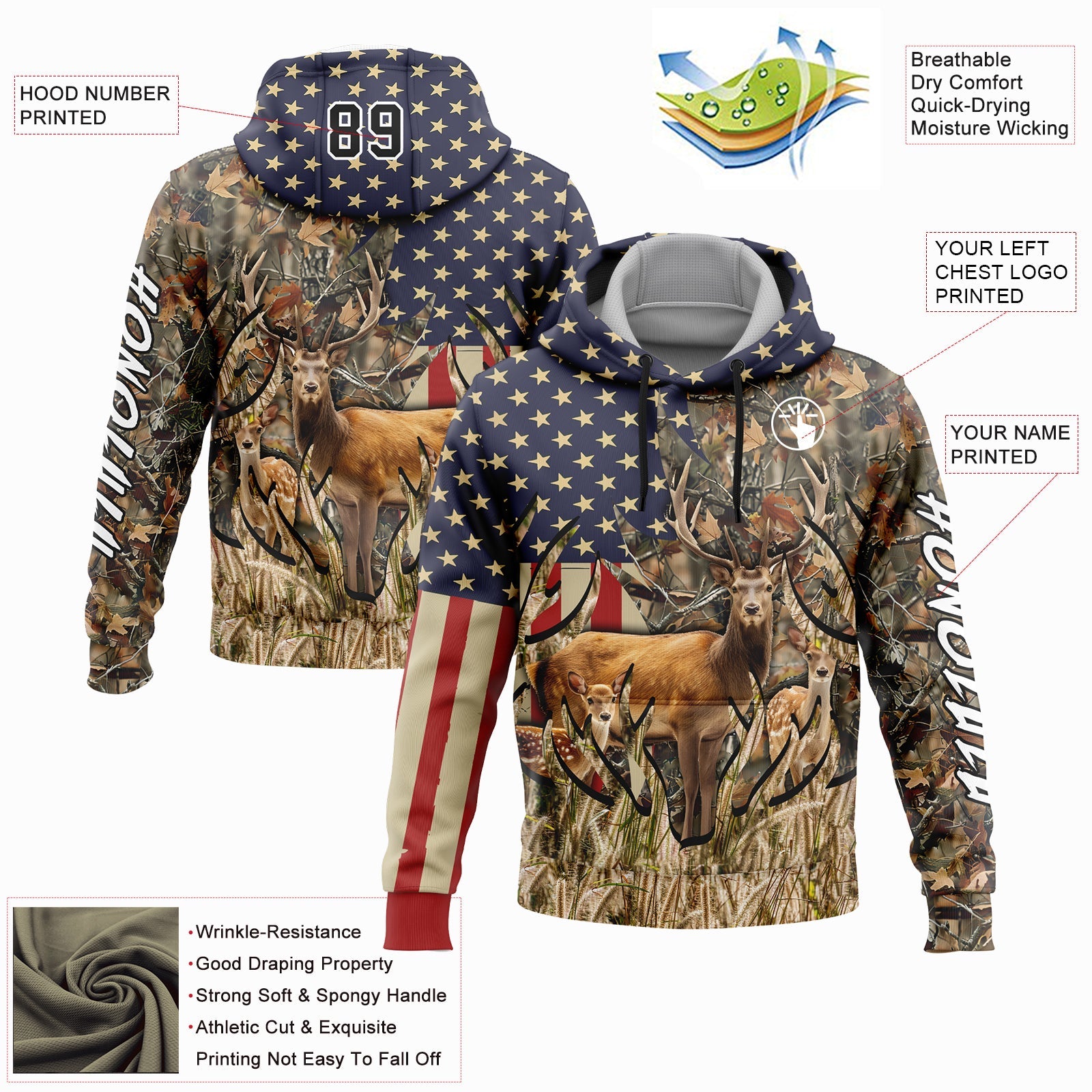 Custom Camo Black-White 3D American Flag And Deer Hunting Sports Pullover Sweatshirt Hoodie view 3