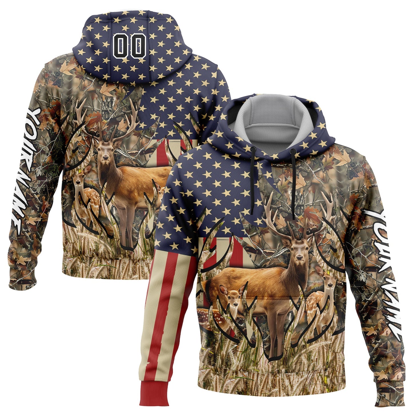 Custom Camo Black-White 3D American Flag And Deer Hunting Sports Pullover Sweatshirt Hoodie - Main View
