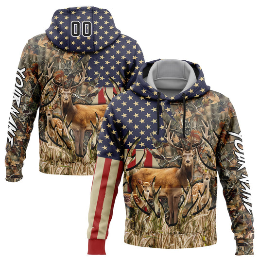 Custom Camo Black-White 3D American Flag And Deer Hunting Sports Pullover Sweatshirt Hoodie - Main View