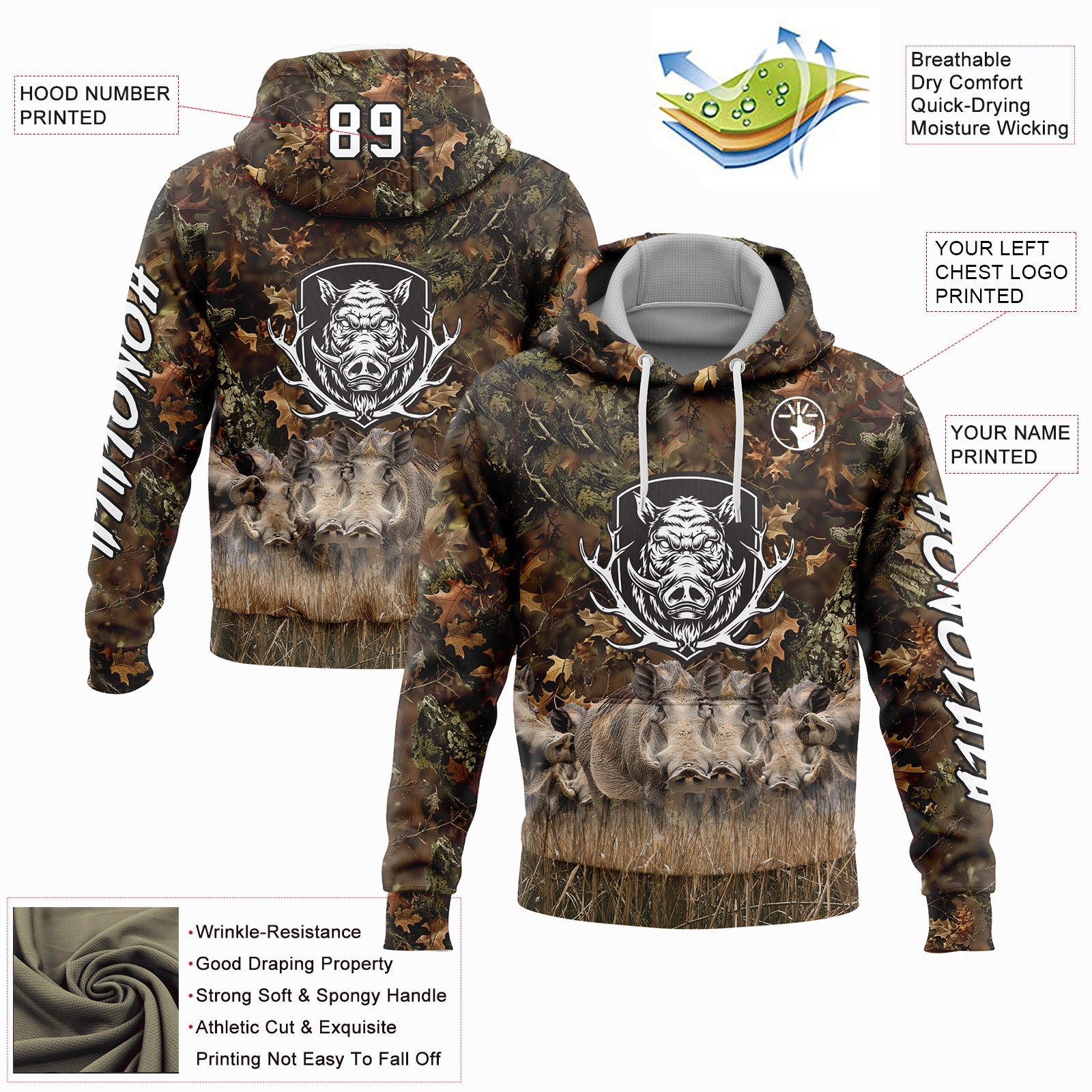 Custom Camo White-Black 3D Wild Boar Hunting Sports Pullover Sweatshirt Hoodie view 2