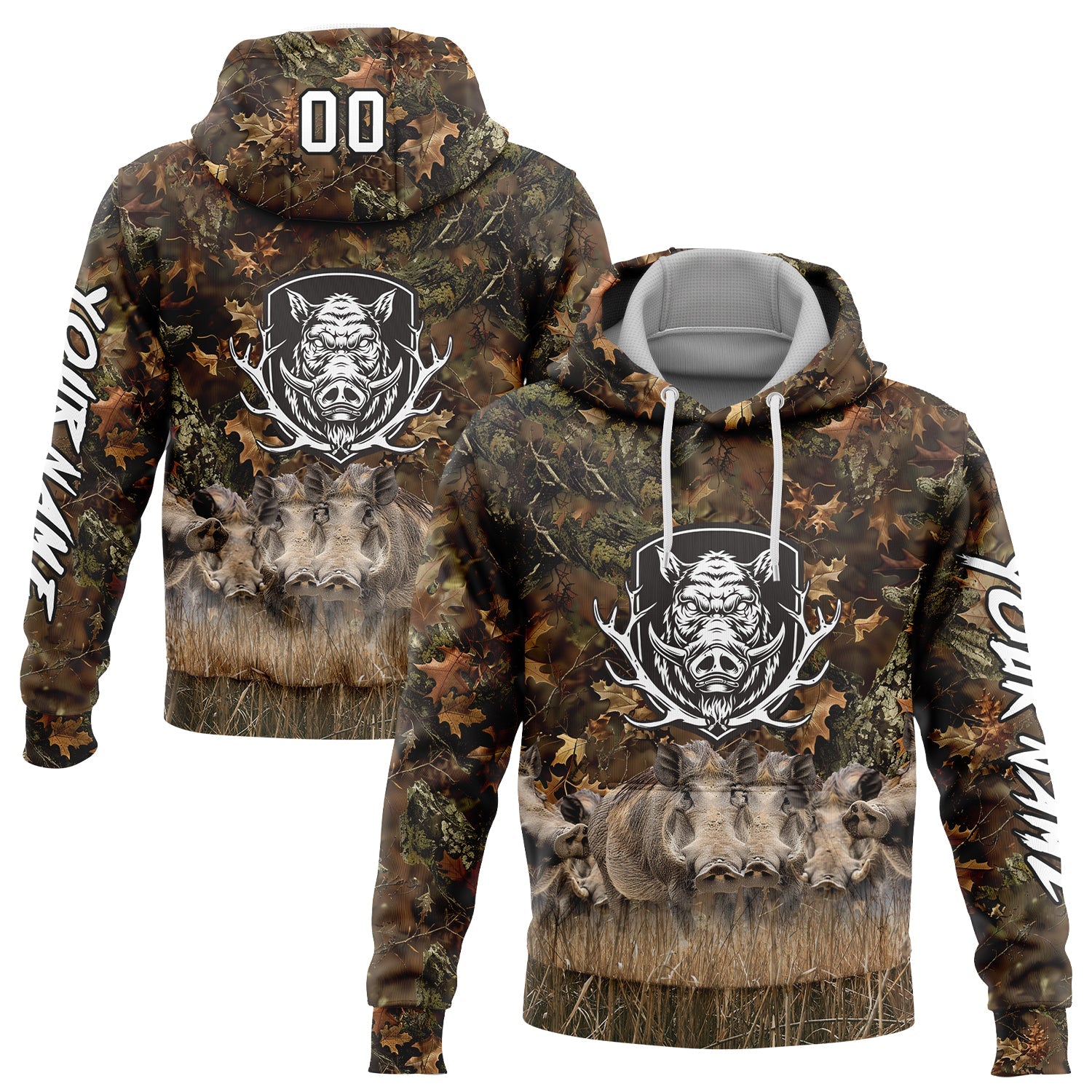 Custom Camo White-Black 3D Wild Boar Hunting Sports Pullover Sweatshirt Hoodie - Main View