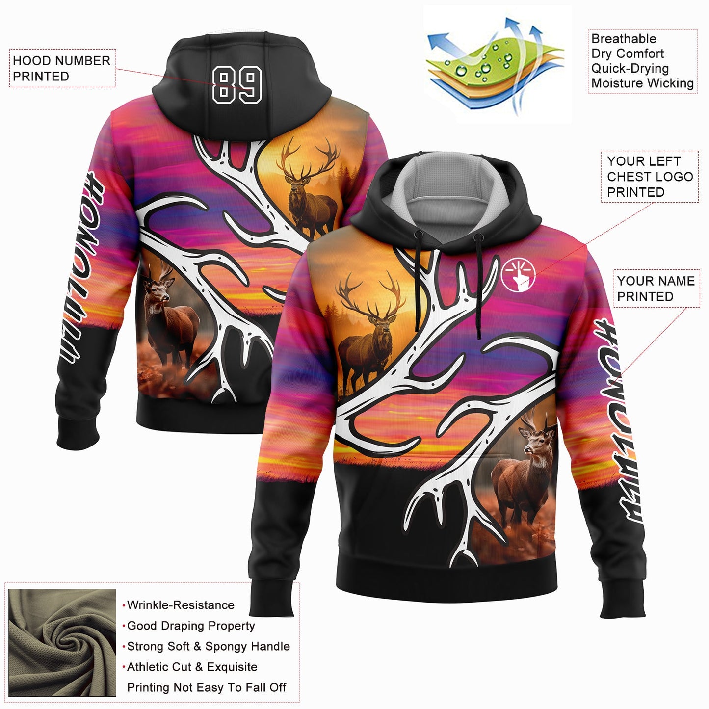 Custom Black White 3D Deer Hunting Sports Pullover Sweatshirt Hoodie view 2