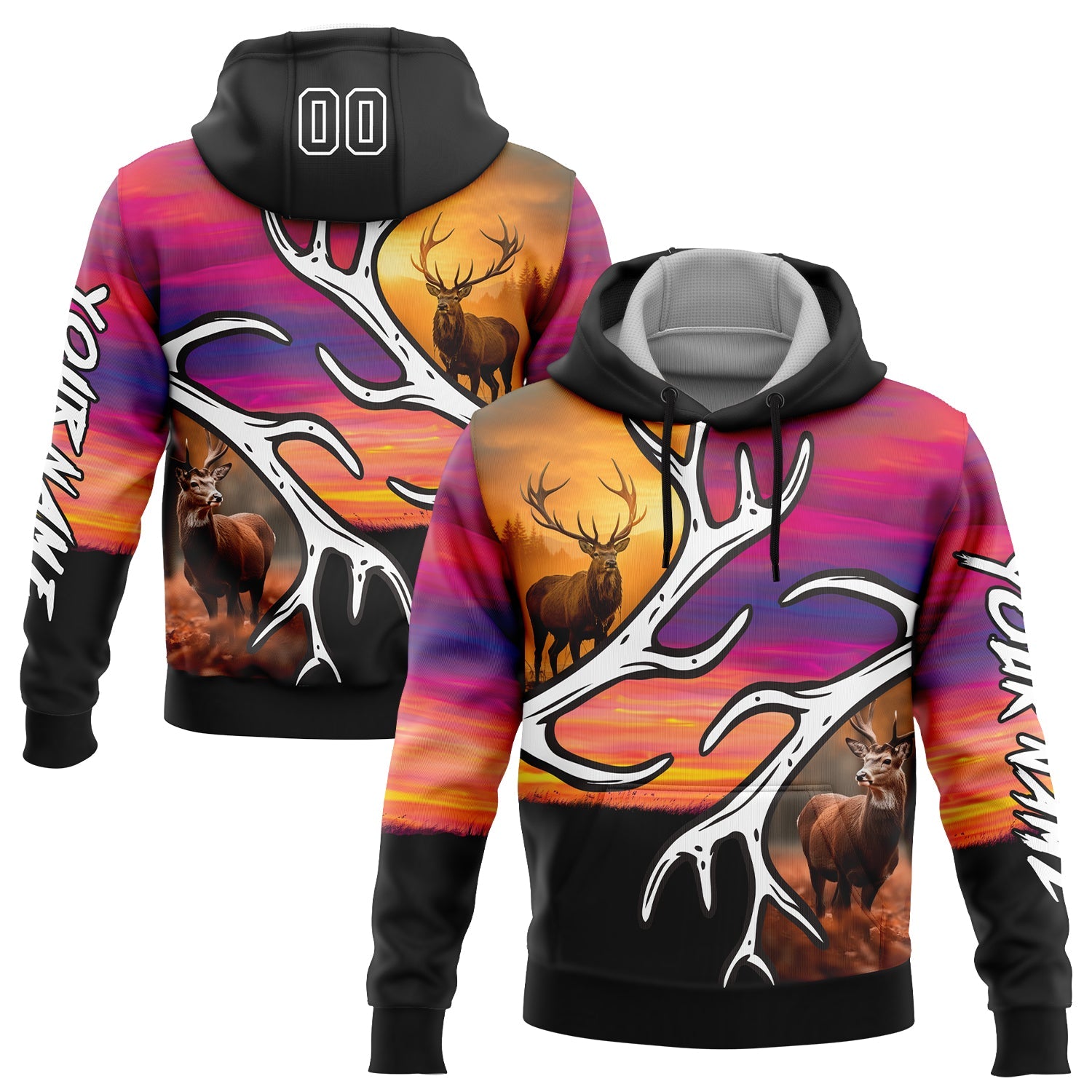 Custom Black White 3D Deer Hunting Sports Pullover Sweatshirt Hoodie - Main View