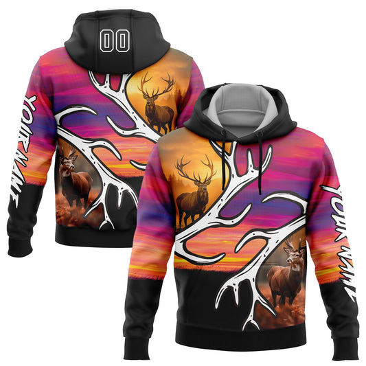 Custom Black White 3D Deer Hunting Sports Pullover Sweatshirt Hoodie - Main View