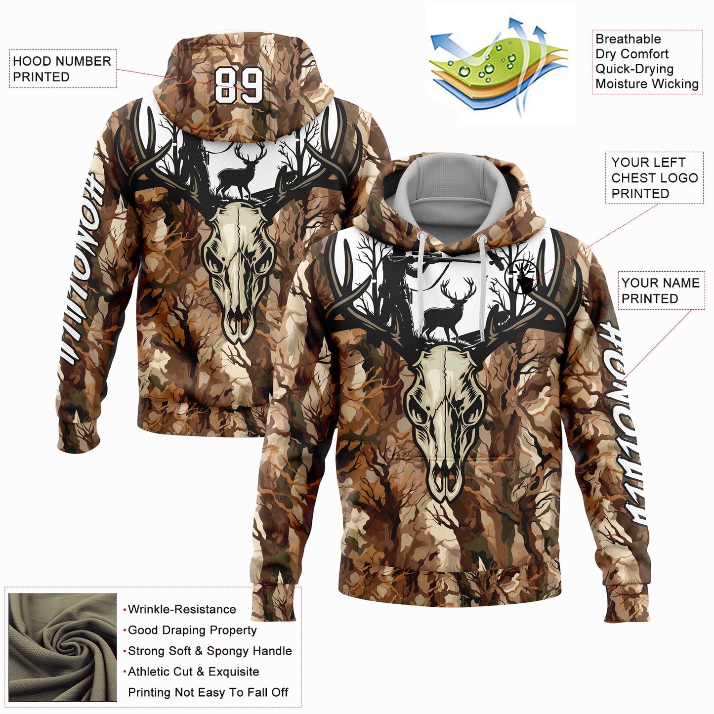 Custom Camo White-Black 3D Gun Hunter Deer Hunting Sports Pullover Sweatshirt Hoodie view 3