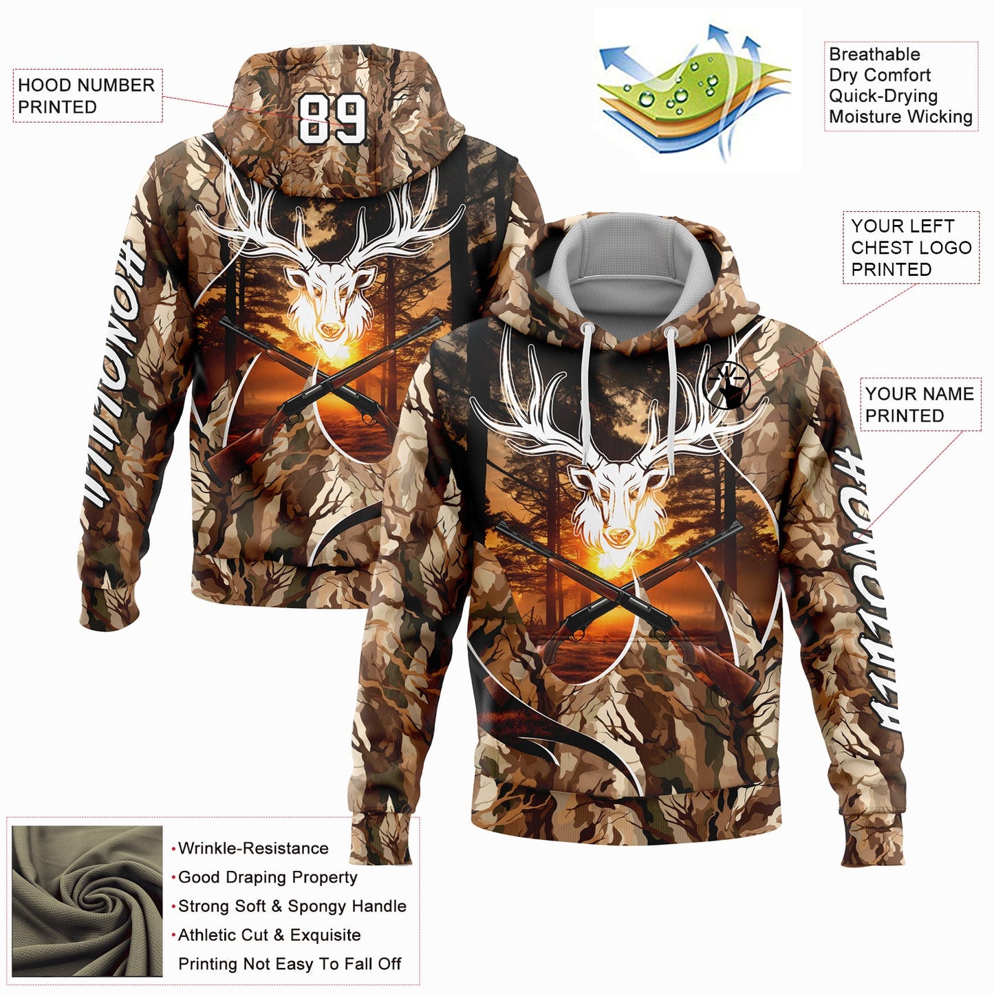 Custom Camo White-Black 3D Gun Deer Hunting Sports Pullover Sweatshirt Hoodie view 2