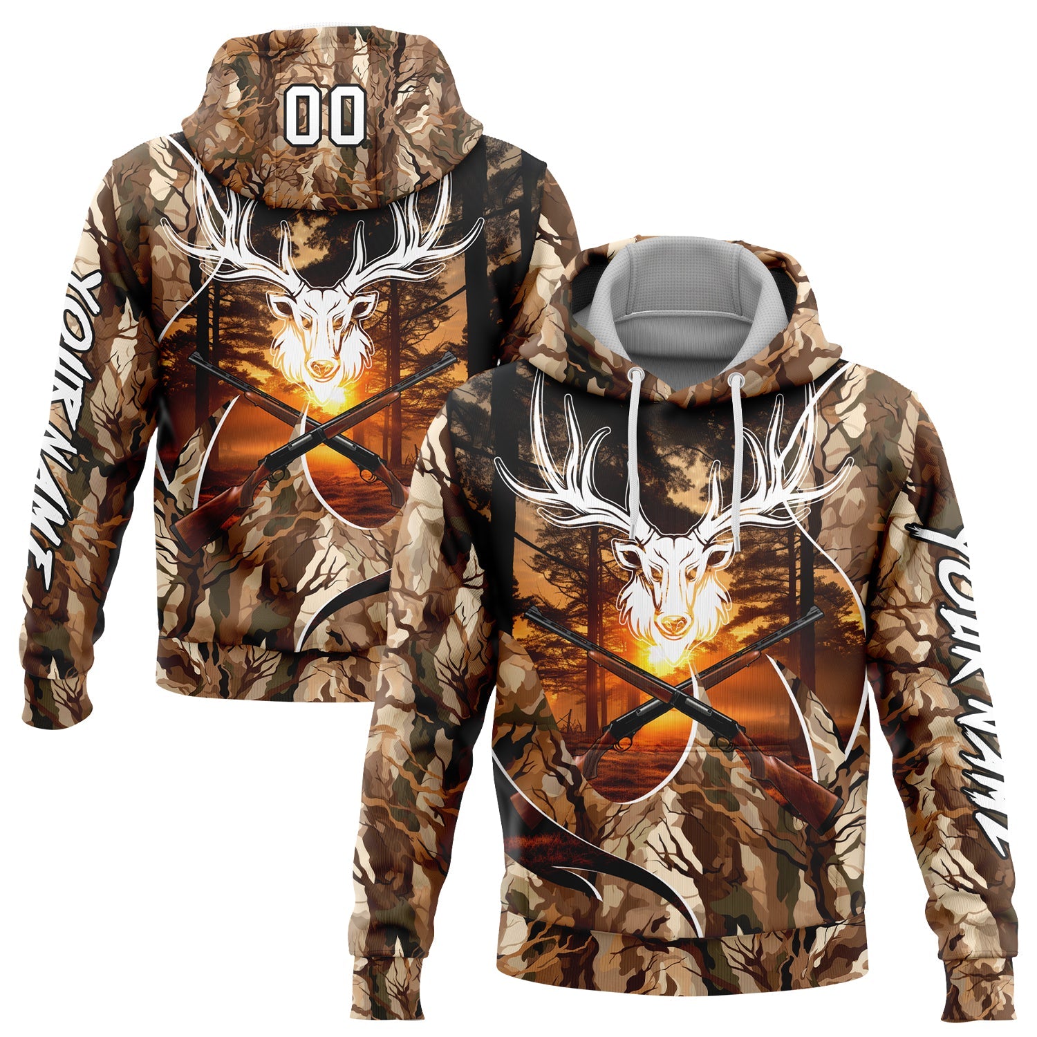 Custom Camo White-Black 3D Gun Deer Hunting Sports Pullover Sweatshirt Hoodie - Main View