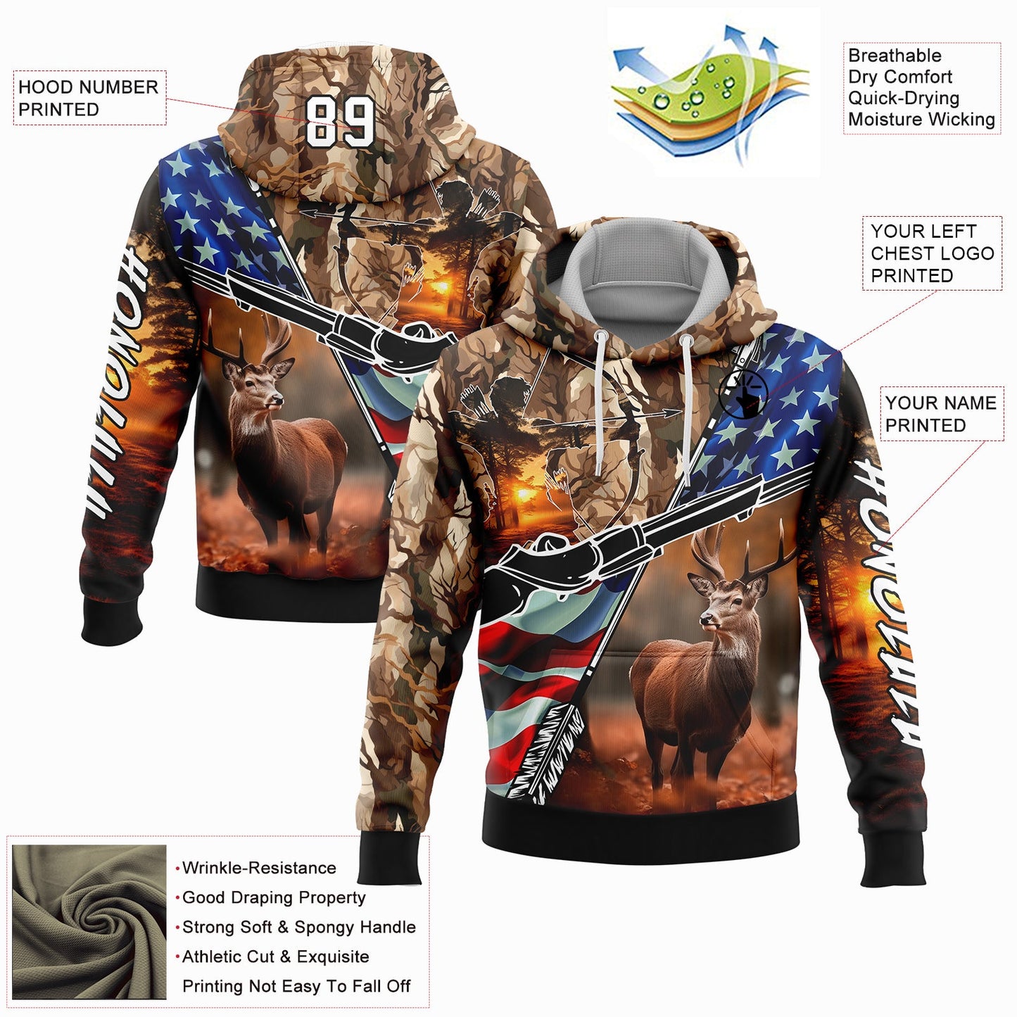 Custom Camo White-Black 3D American Flag And Hunting Tools Deer Hunting Sports Pullover Sweatshirt Hoodie view 3