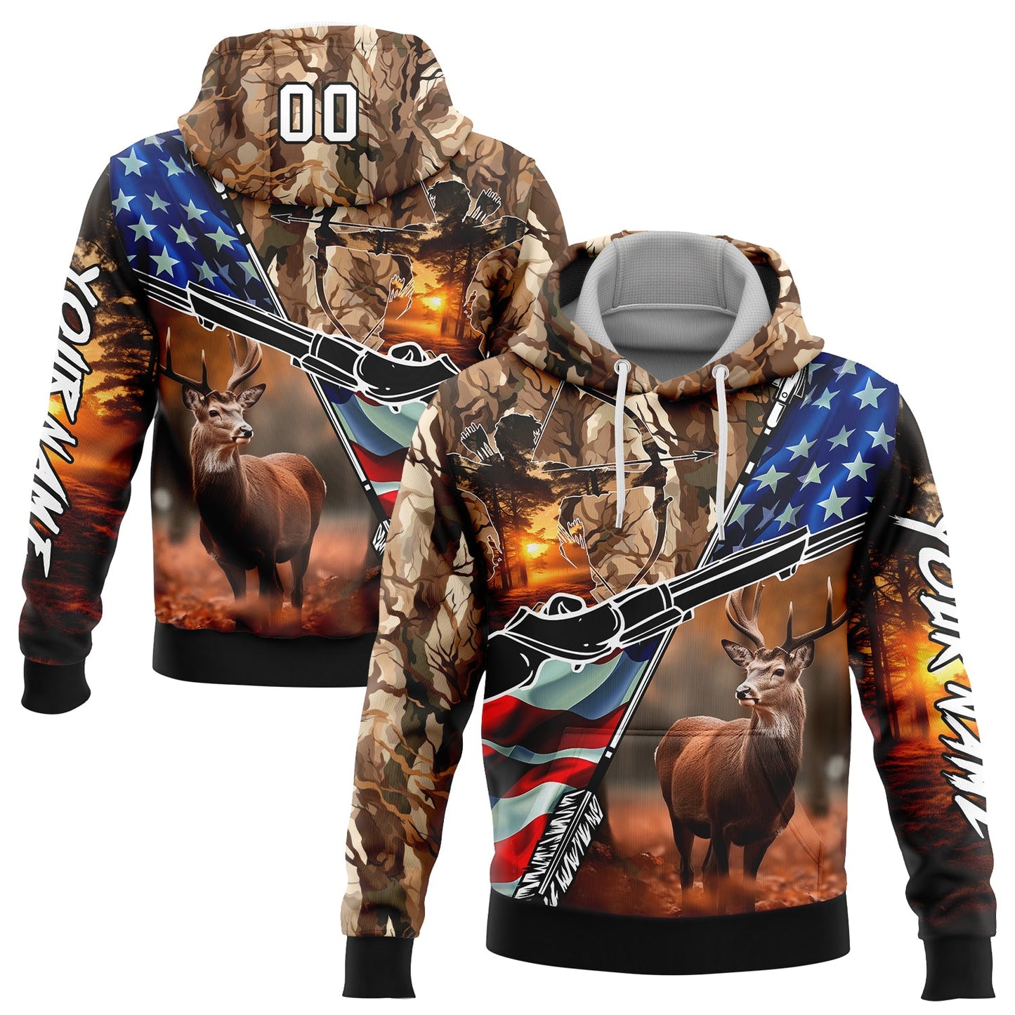 Custom Camo White-Black 3D American Flag And Hunting Tools Deer Hunting Sports Pullover Sweatshirt Hoodie - Main View