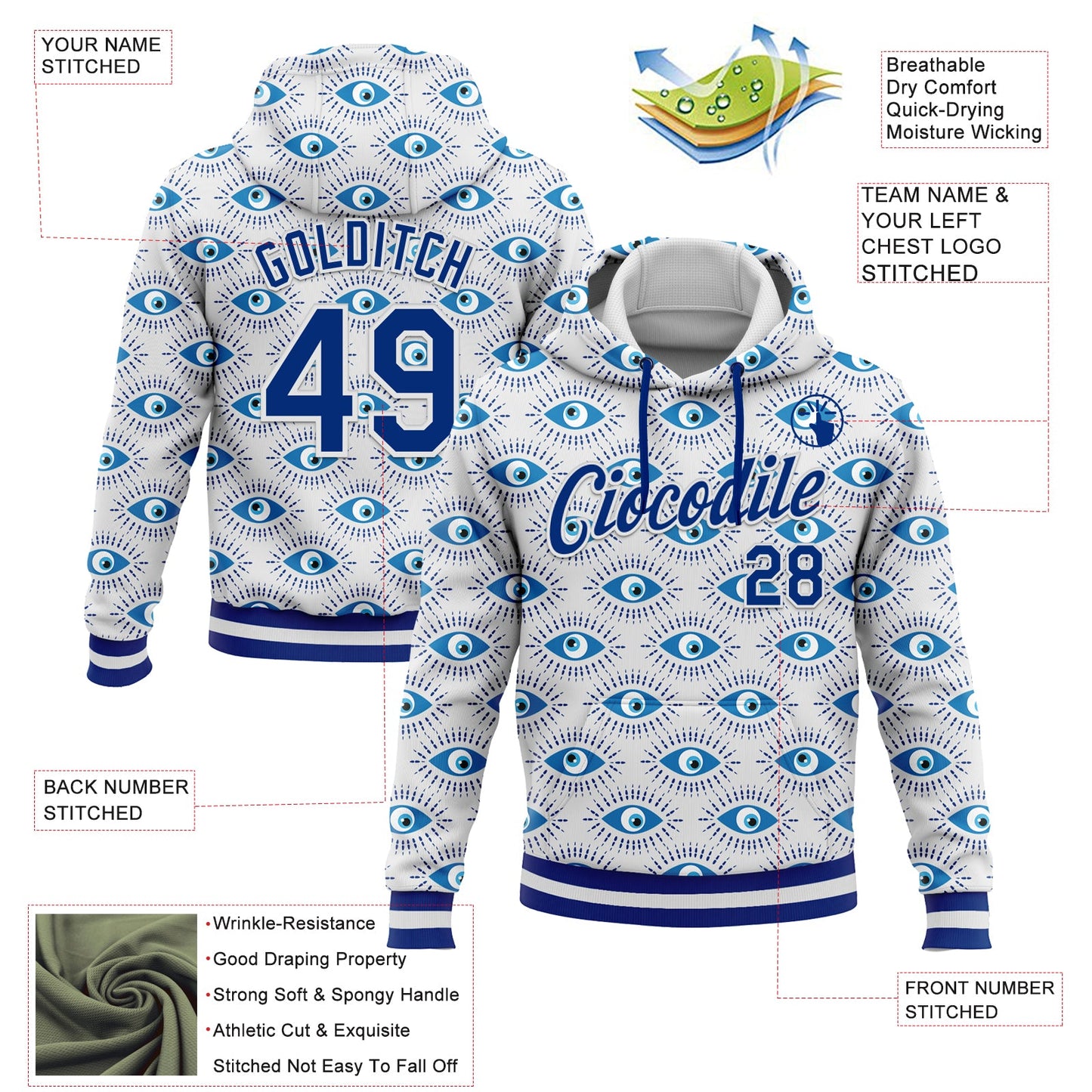 Custom Stitched White Royal 3D Pattern Design Evil Eyes Sports Pullover Sweatshirt Hoodie view 2
