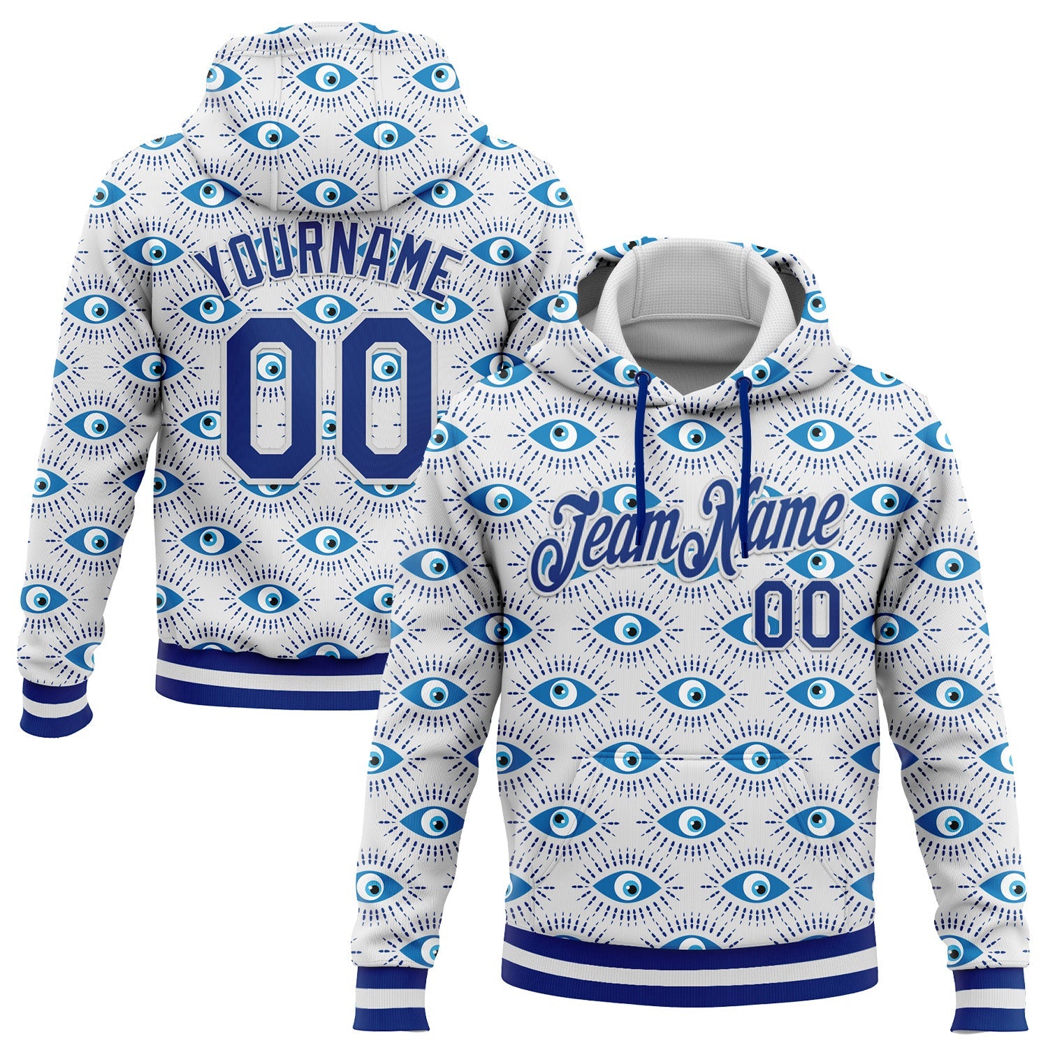 Custom Stitched White Royal 3D Pattern Design Evil Eyes Sports Pullover Sweatshirt Hoodie - Main View