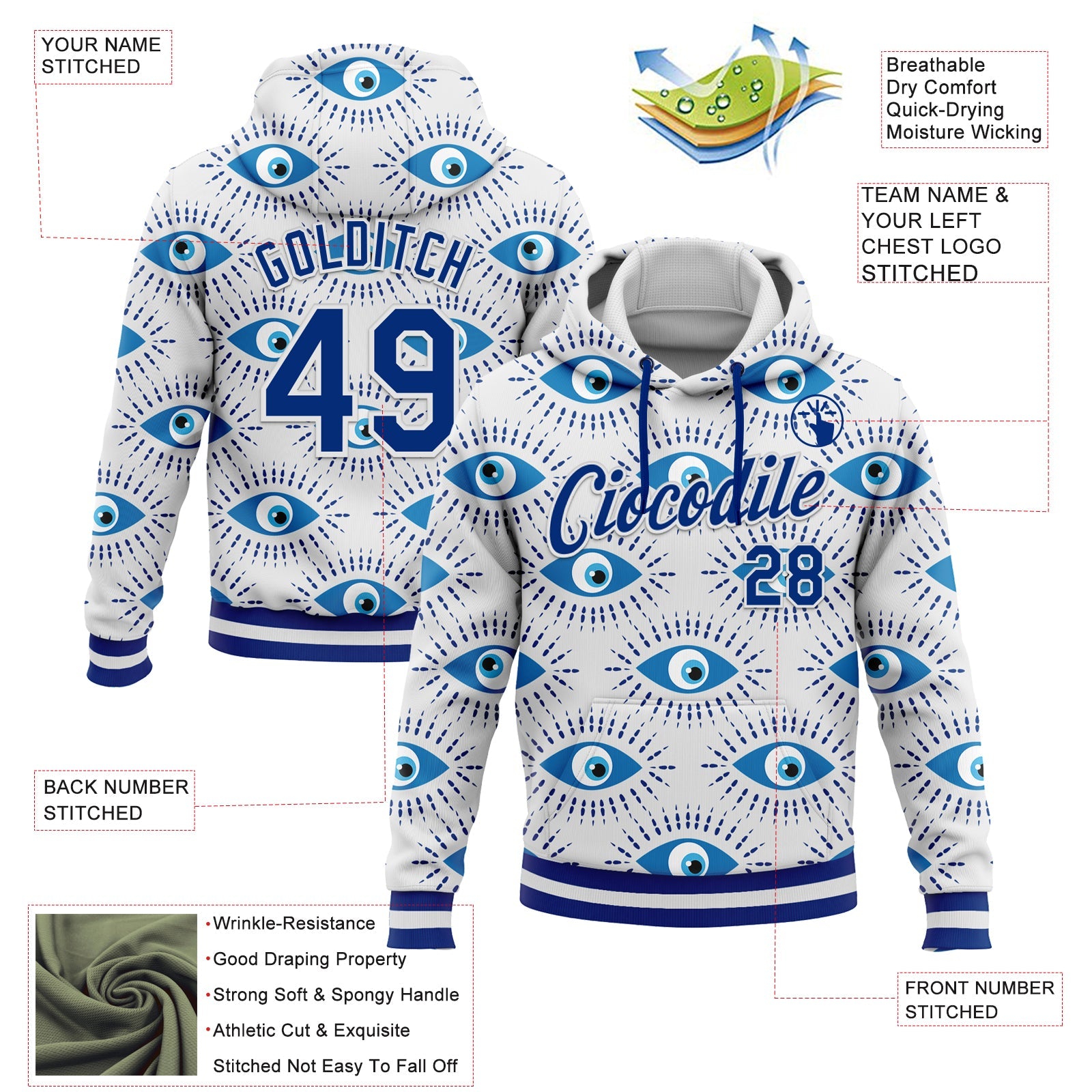 Custom Stitched White Royal 3D Pattern Design Evil Eyes Sports Pullover Sweatshirt Hoodie view 2