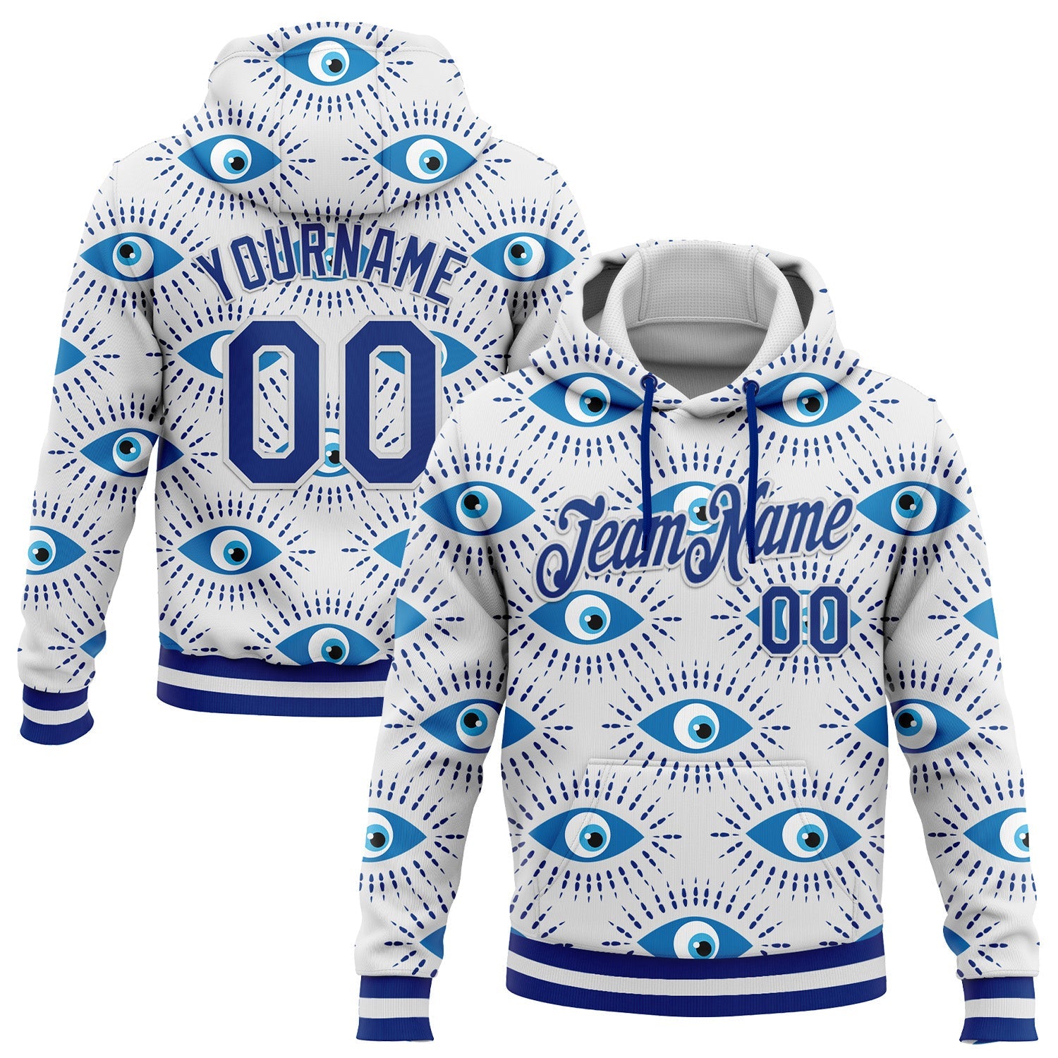 Custom Stitched White Royal 3D Pattern Design Evil Eyes Sports Pullover Sweatshirt Hoodie - Main View